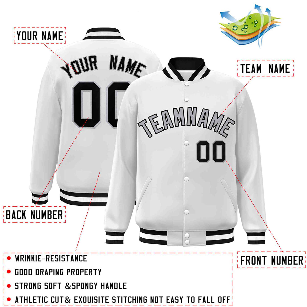Custom White Gray-Black Classic Style Varsity Full-Snap Letterman Jacket