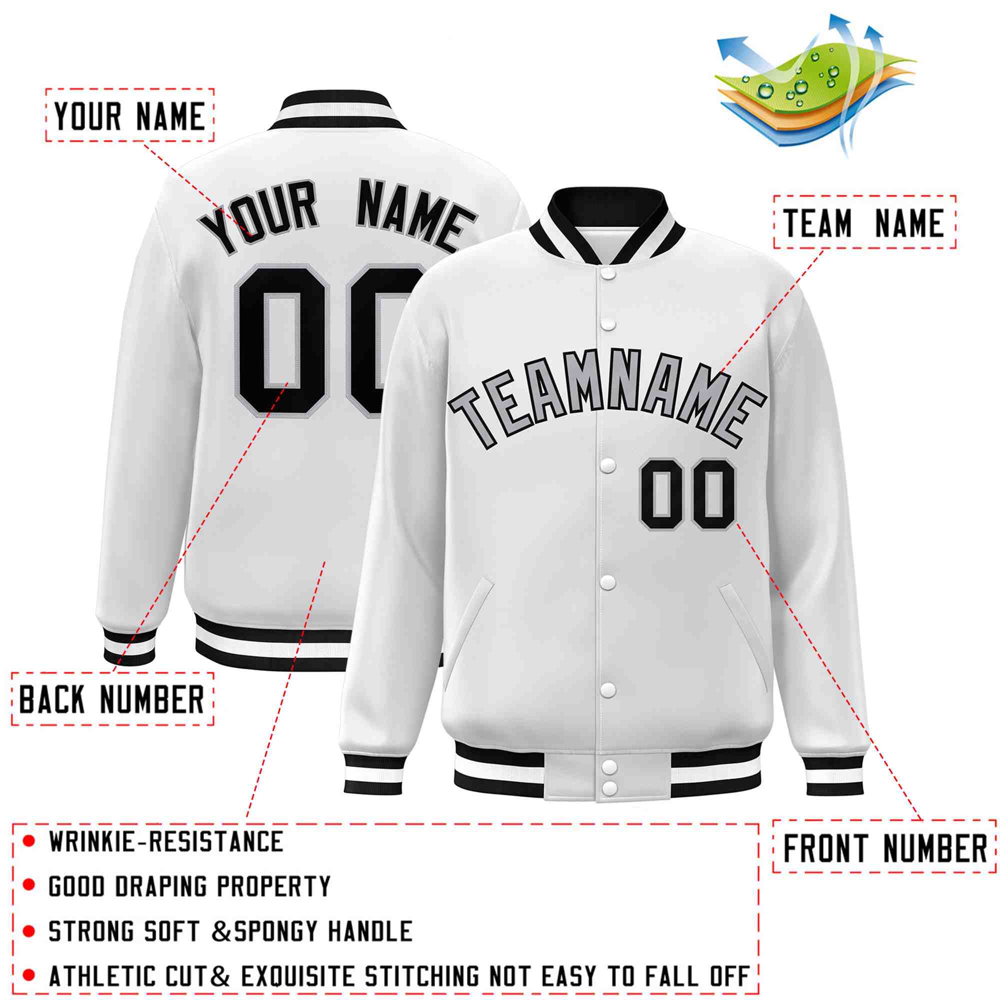 Custom White Gray-Black Classic Style Varsity Full-Snap Letterman Jacket