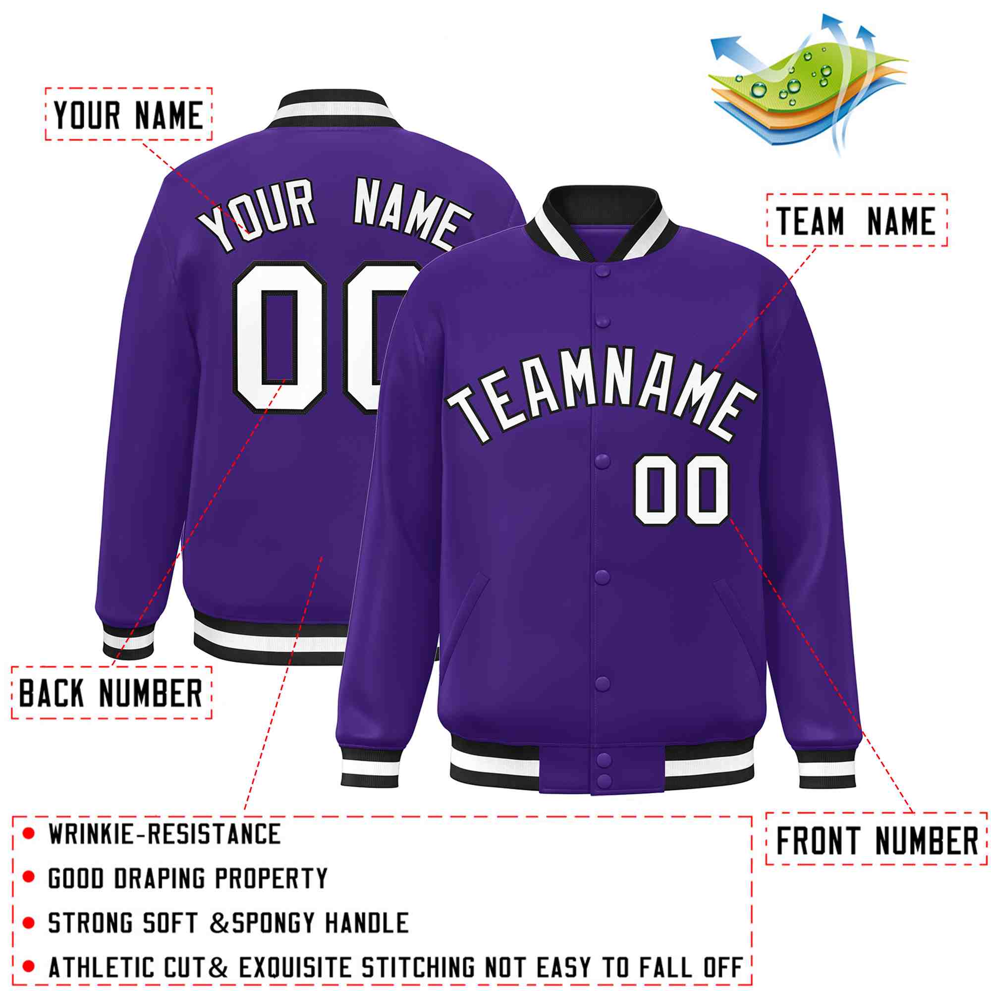 Custom Purple White-Black Classic Style Varsity Full-Snap Letterman Jacket