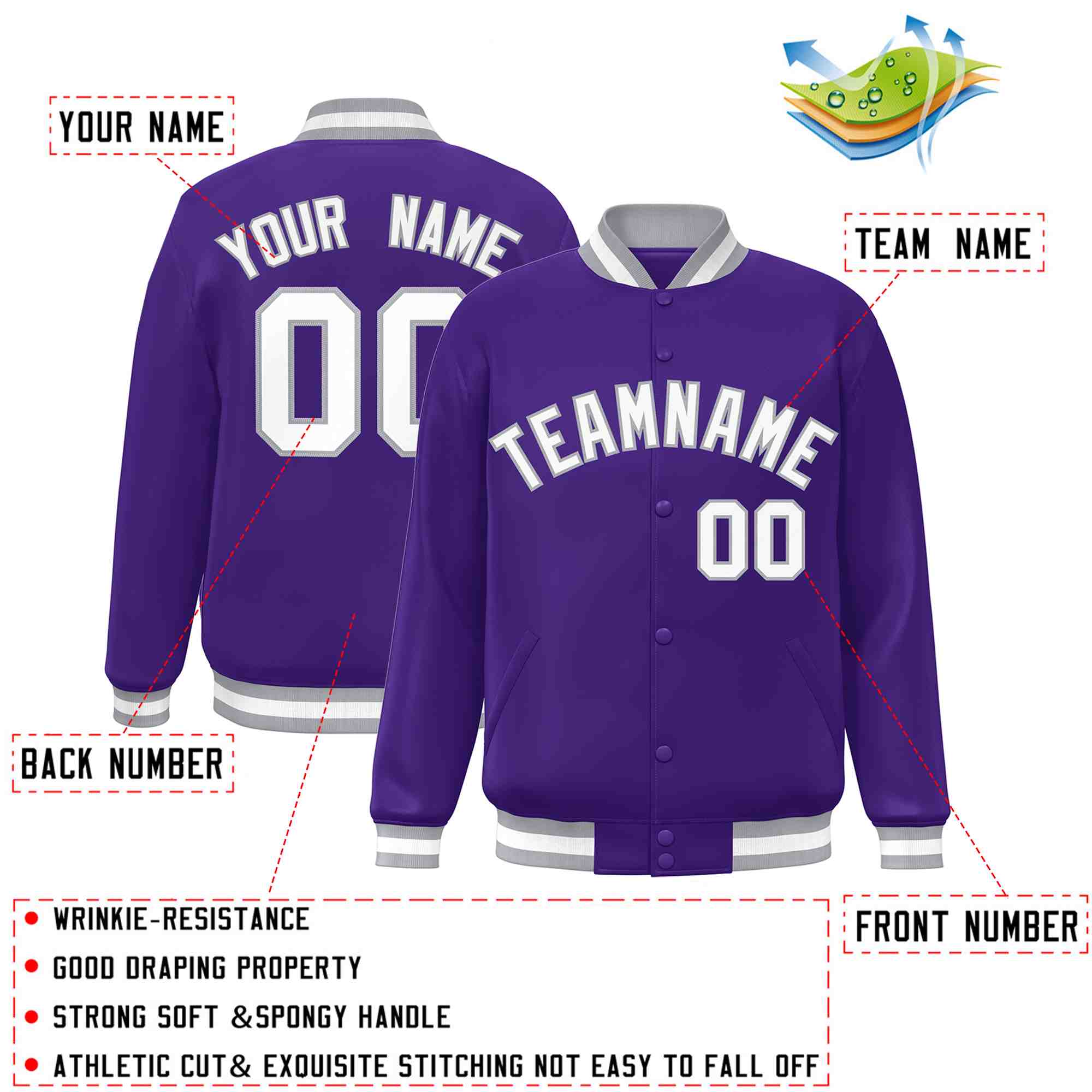 Custom Purple White-Gray Classic Style Varsity Full-Snap Letterman Jacket