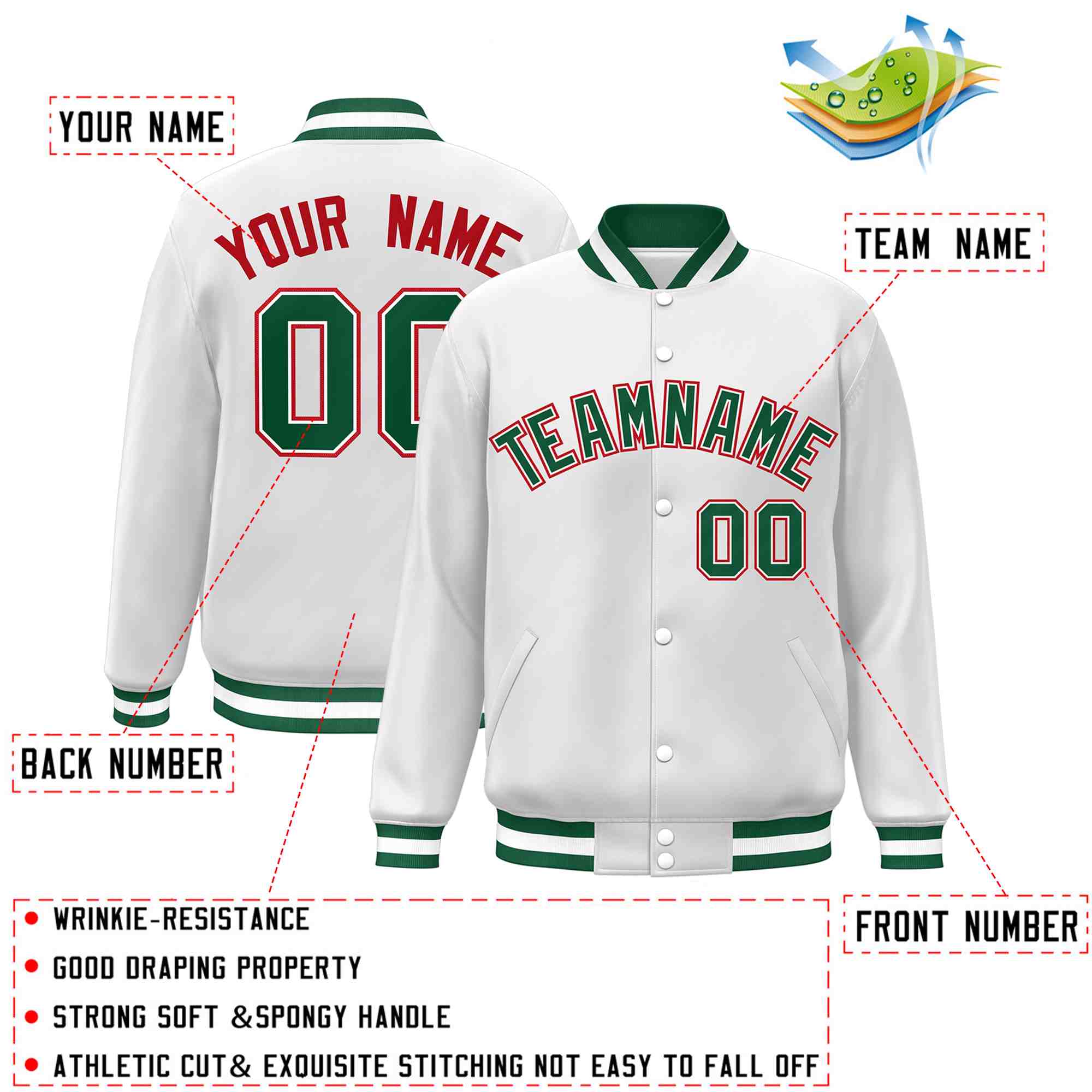 Custom White Green-White Classic Style Varsity Full-Snap Letterman Jacket