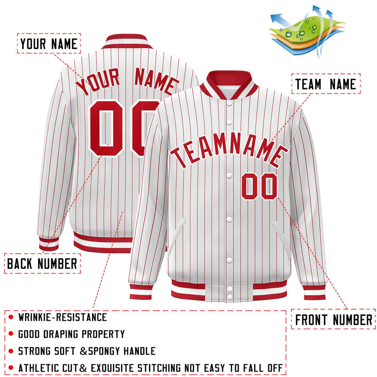 Custom White Red-White Personalized Stripe Fashion Letterman Bomber Varsity Jacket
