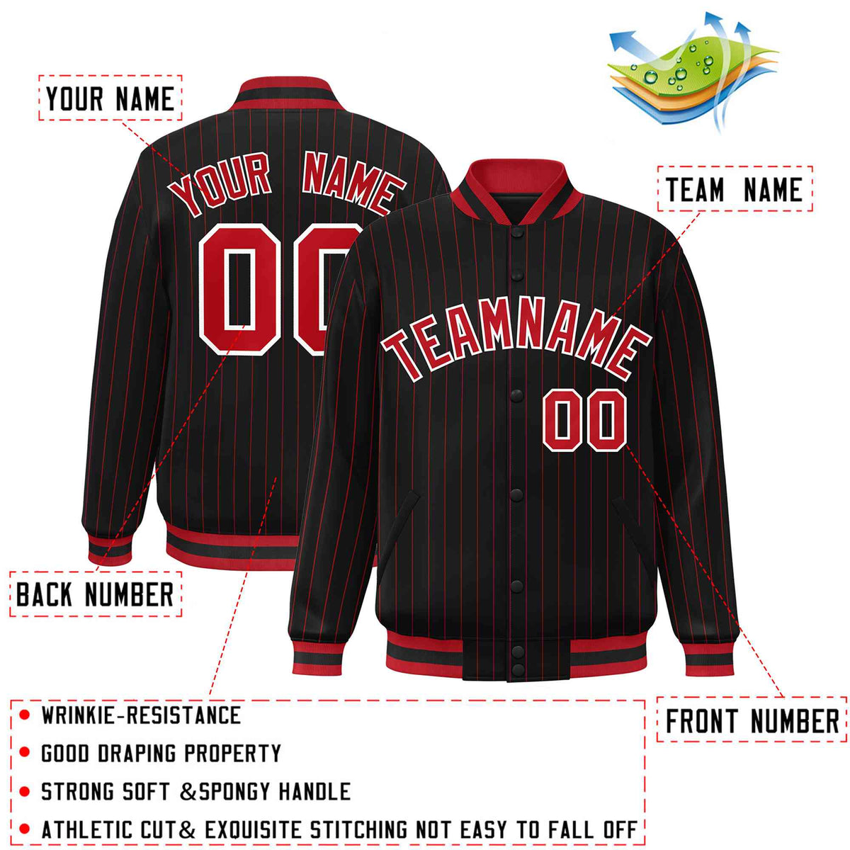 Custom Black Red-White Personalized Casual Stripe Fashion Varsity Jacket