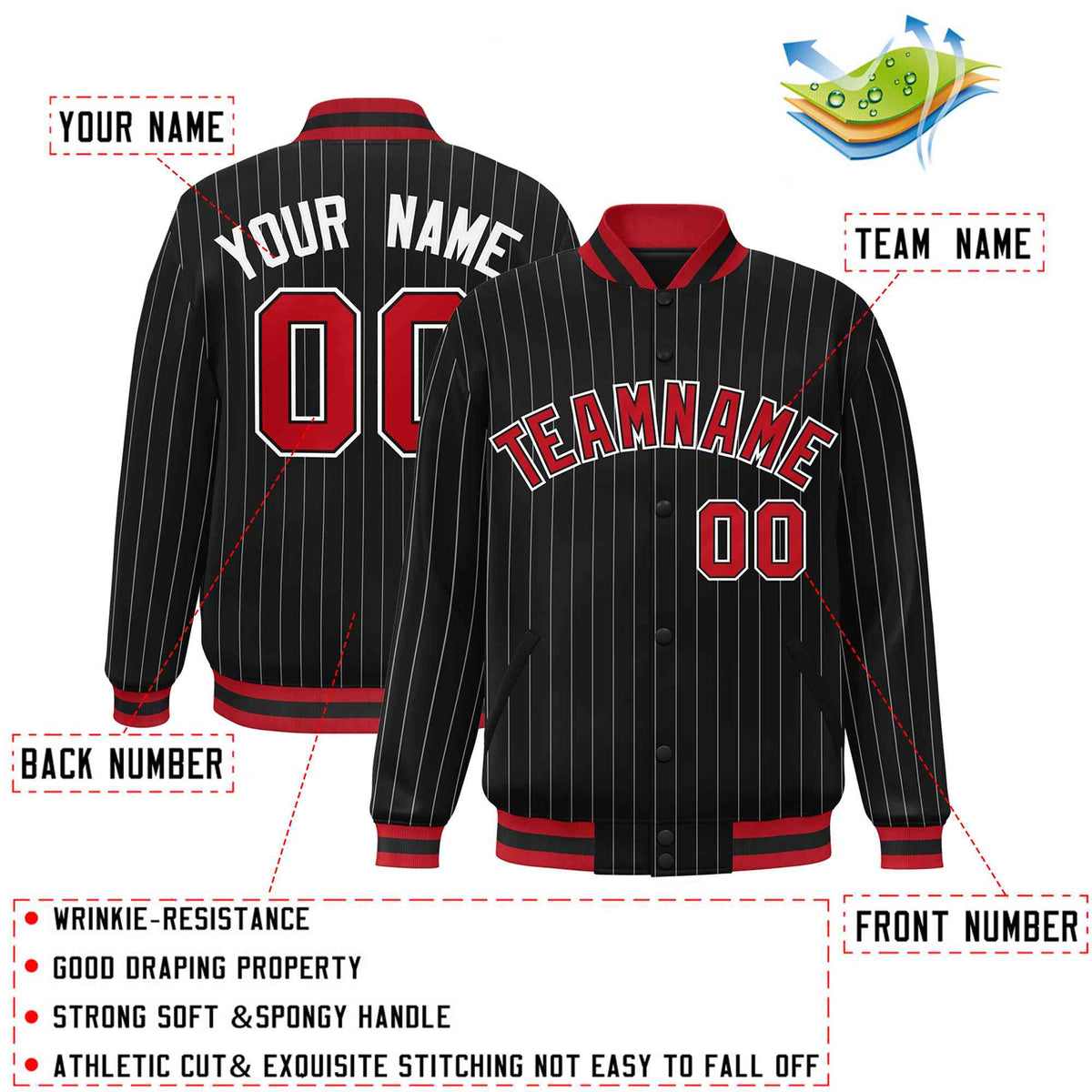 Custom Black Red-White Personalized Bomber Stripe Fashion Casual Jacket