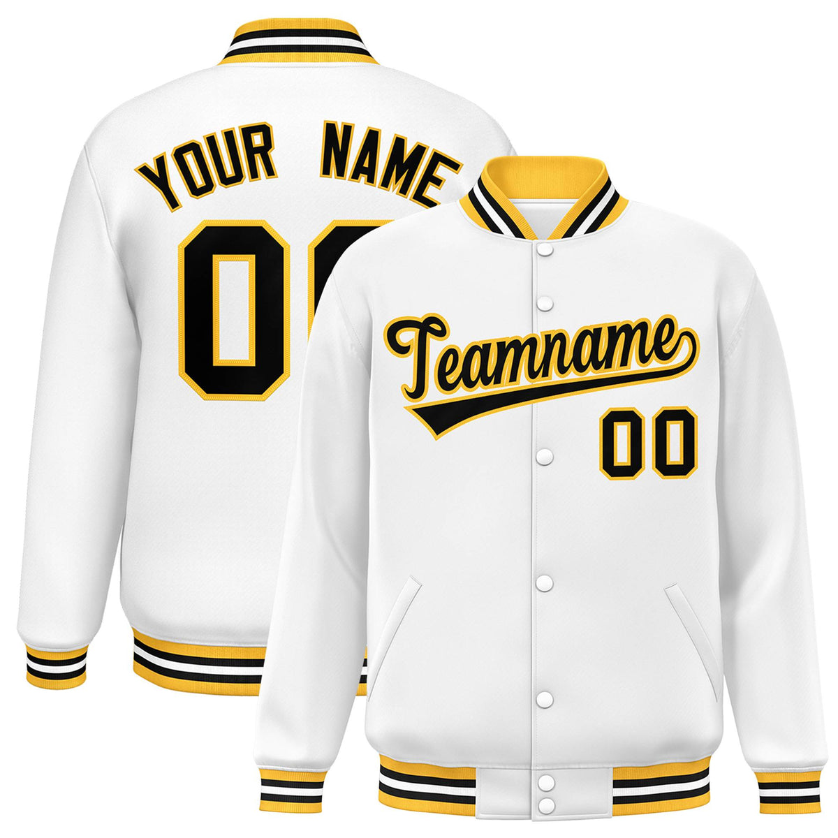 Custom White Black-Gold Classic Style Varsity Full-Snap Letterman Jacket