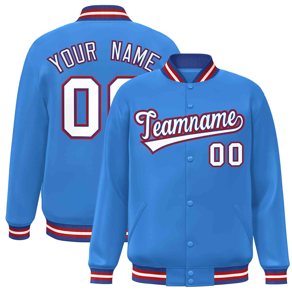 Custom Powder Blue White-Royal Classic Style Varsity Full-Snap Letterman Jacket