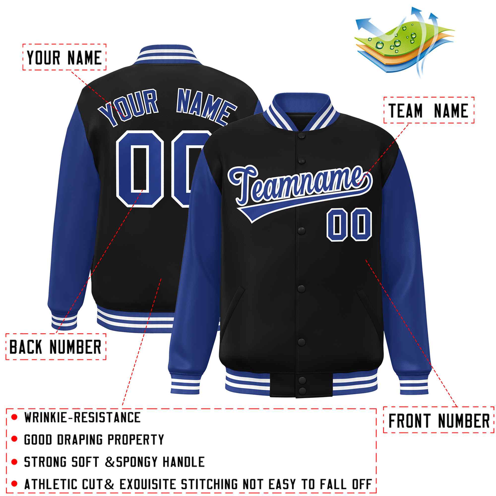 Custom Black Royal-White Raglan Sleeves Varsity Full-Snap Letterman Jacket