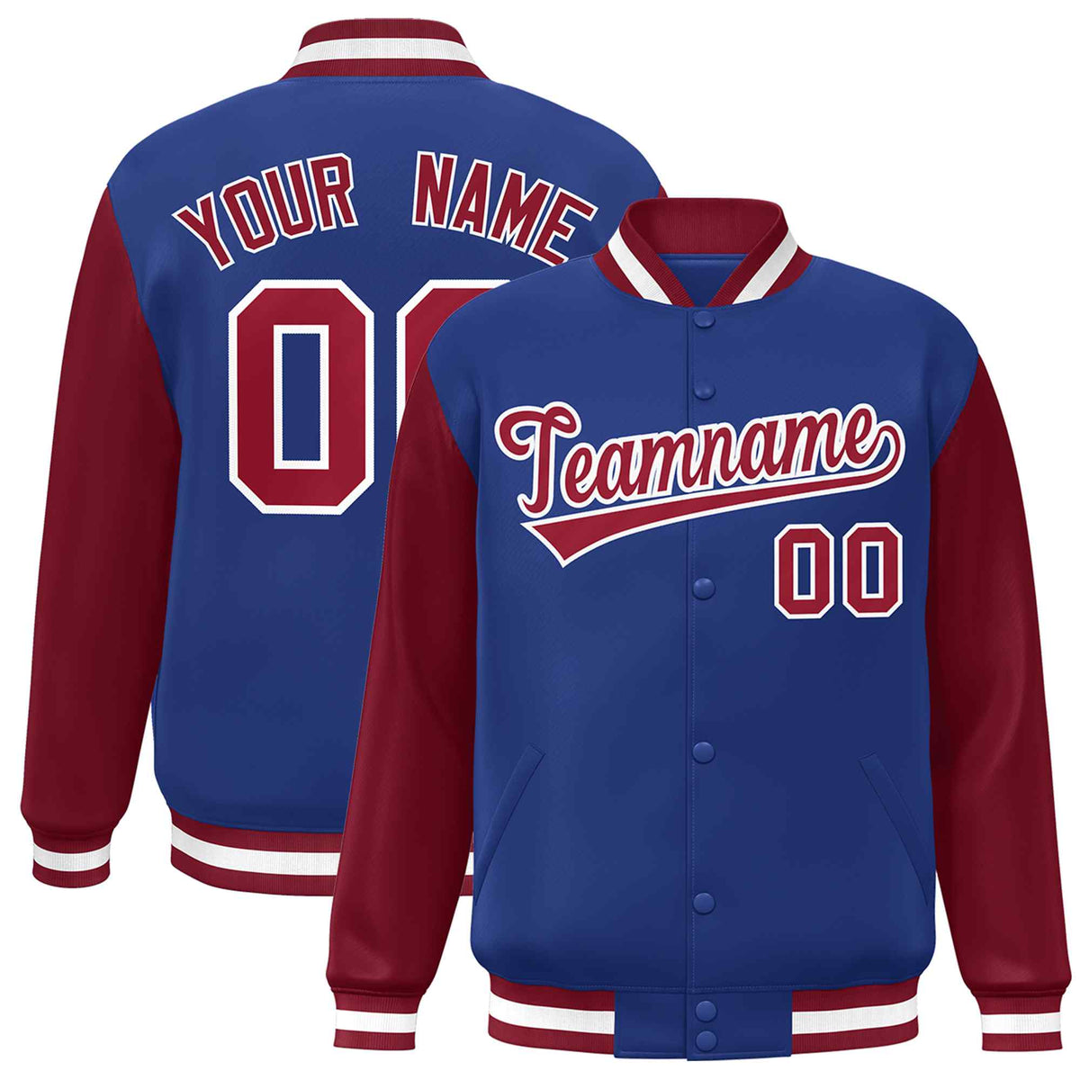 Custom Royal Crimson-White Raglan Sleeves Varsity Full-Snap Letterman Jacket
