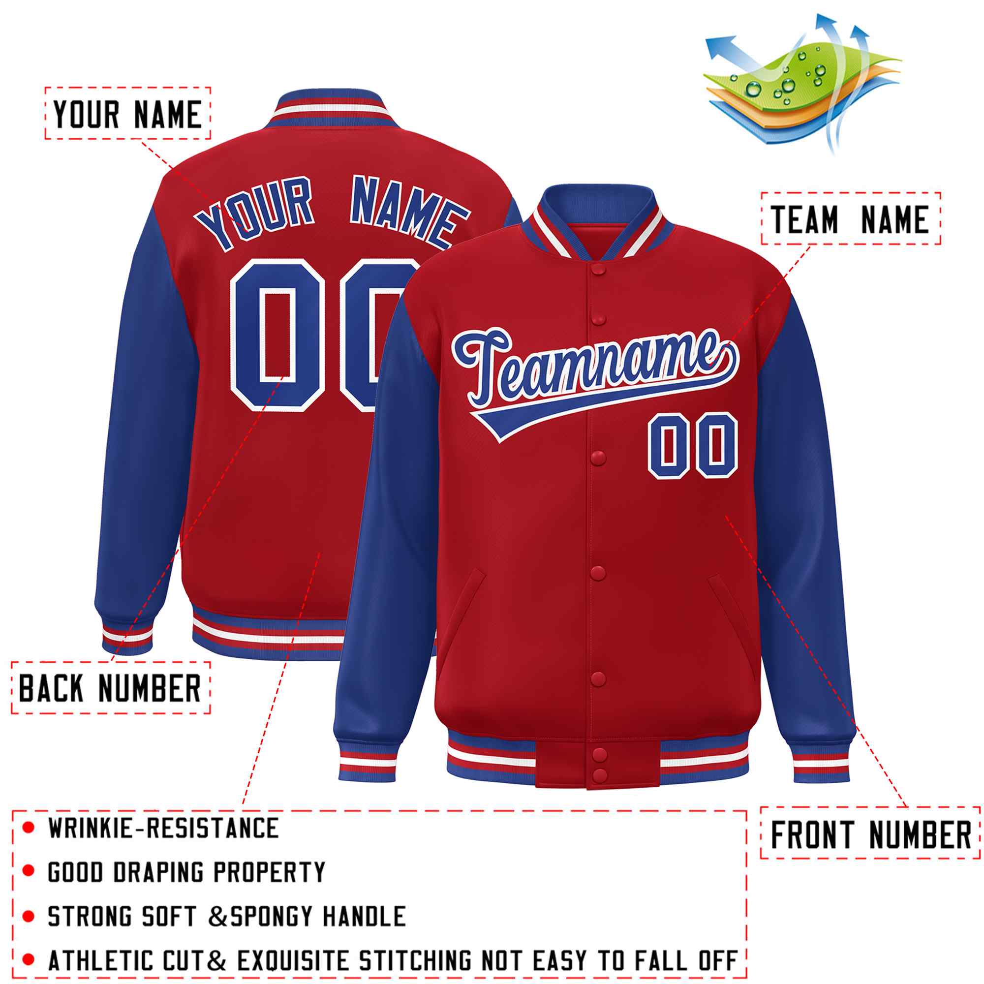 Custom Red Royal-White Raglan Sleeves Varsity Full-Snap Letterman Jacket