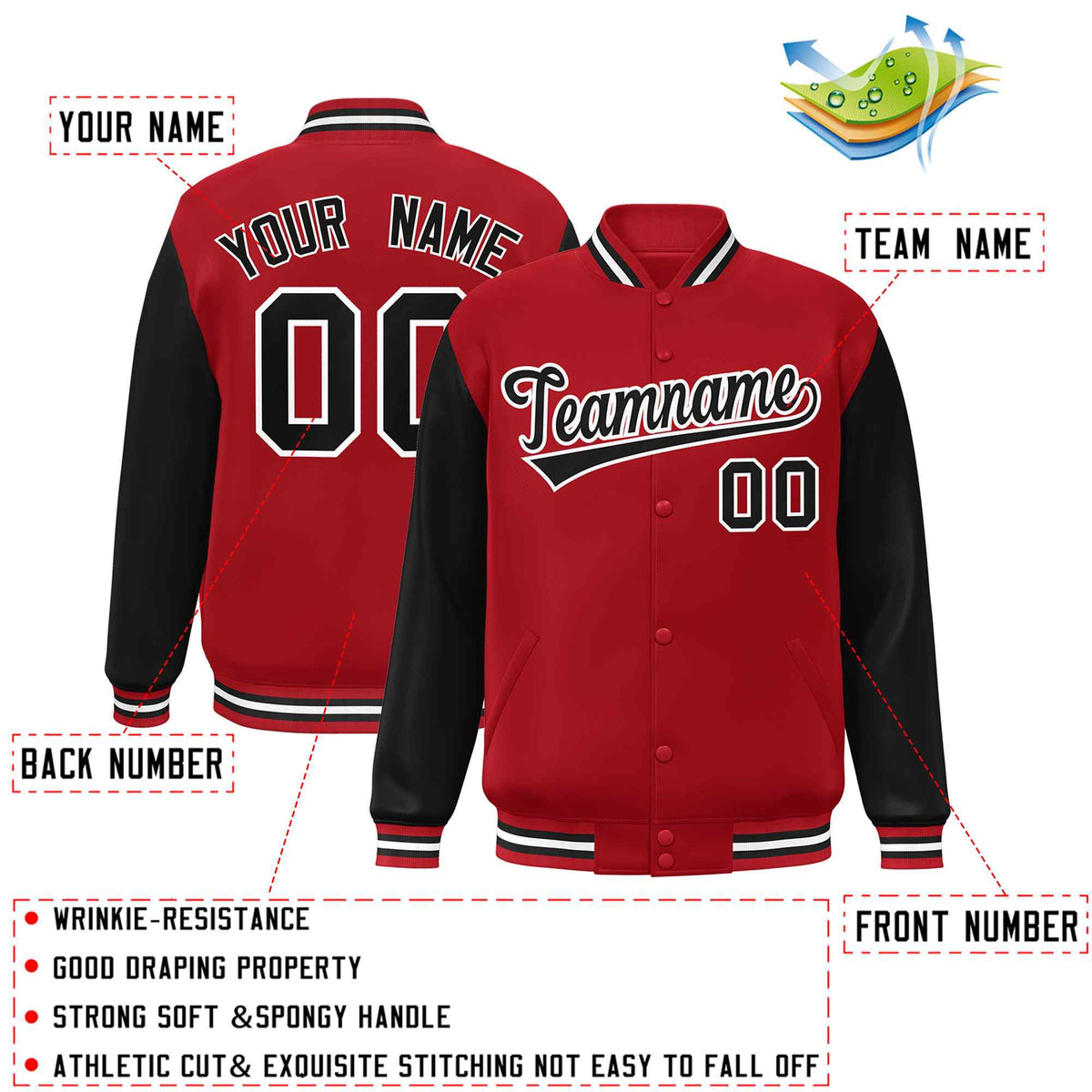 Custom Red Black-White Raglan Sleeves Varsity Full-Snap Letterman Jacket