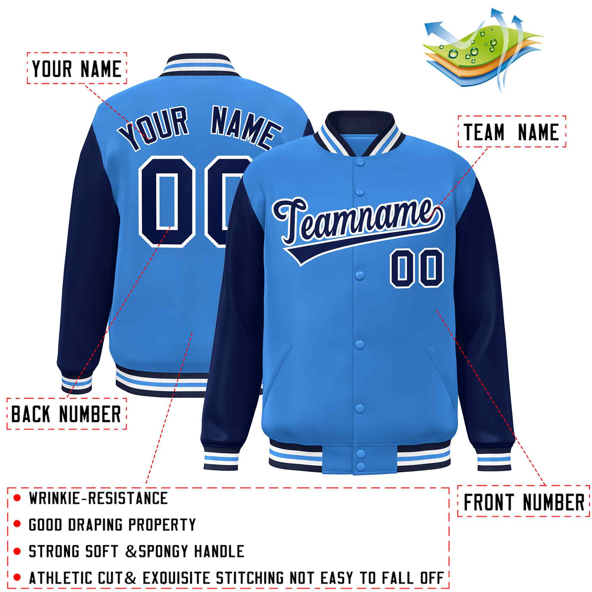 Custom Powder Blue Navy-White Raglan Sleeves Varsity Full-Snap Letterman Jacket