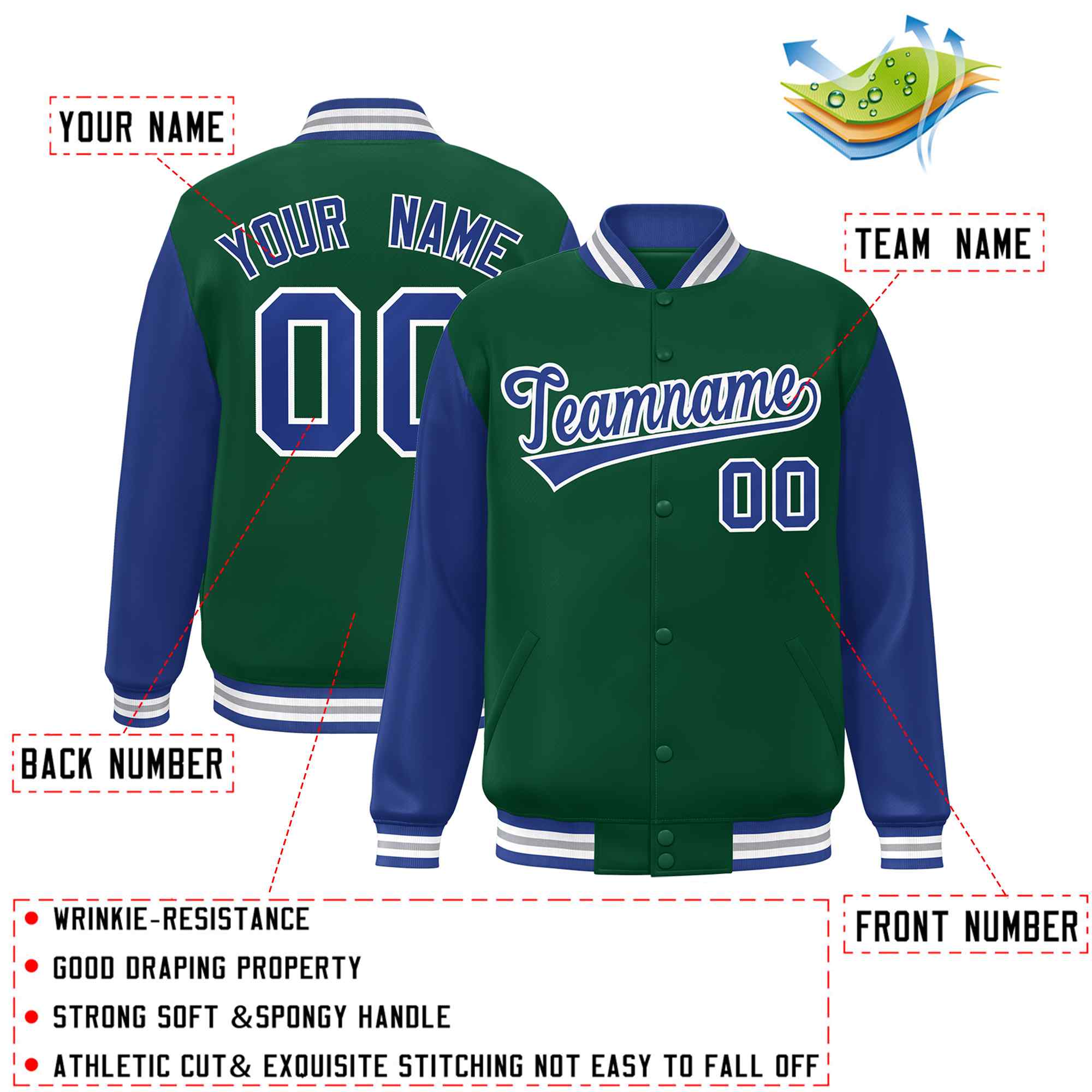 Custom Green Royal-White Raglan Sleeves Varsity Full-Snap Letterman Jacket