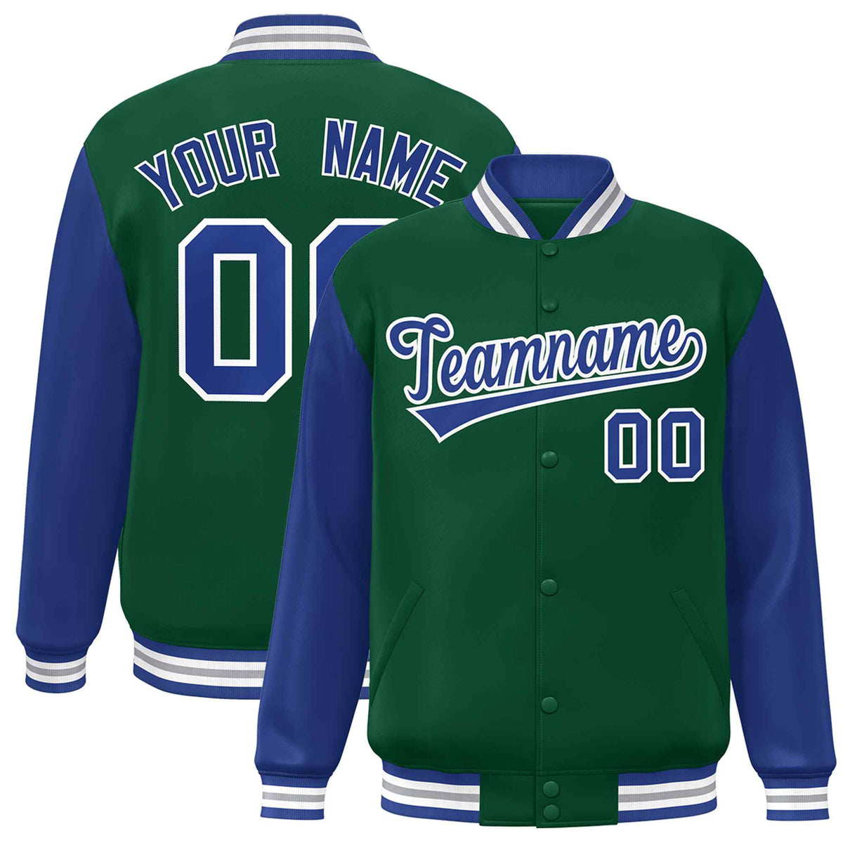Custom Green Royal-White Raglan Sleeves Varsity Full-Snap Letterman Jacket