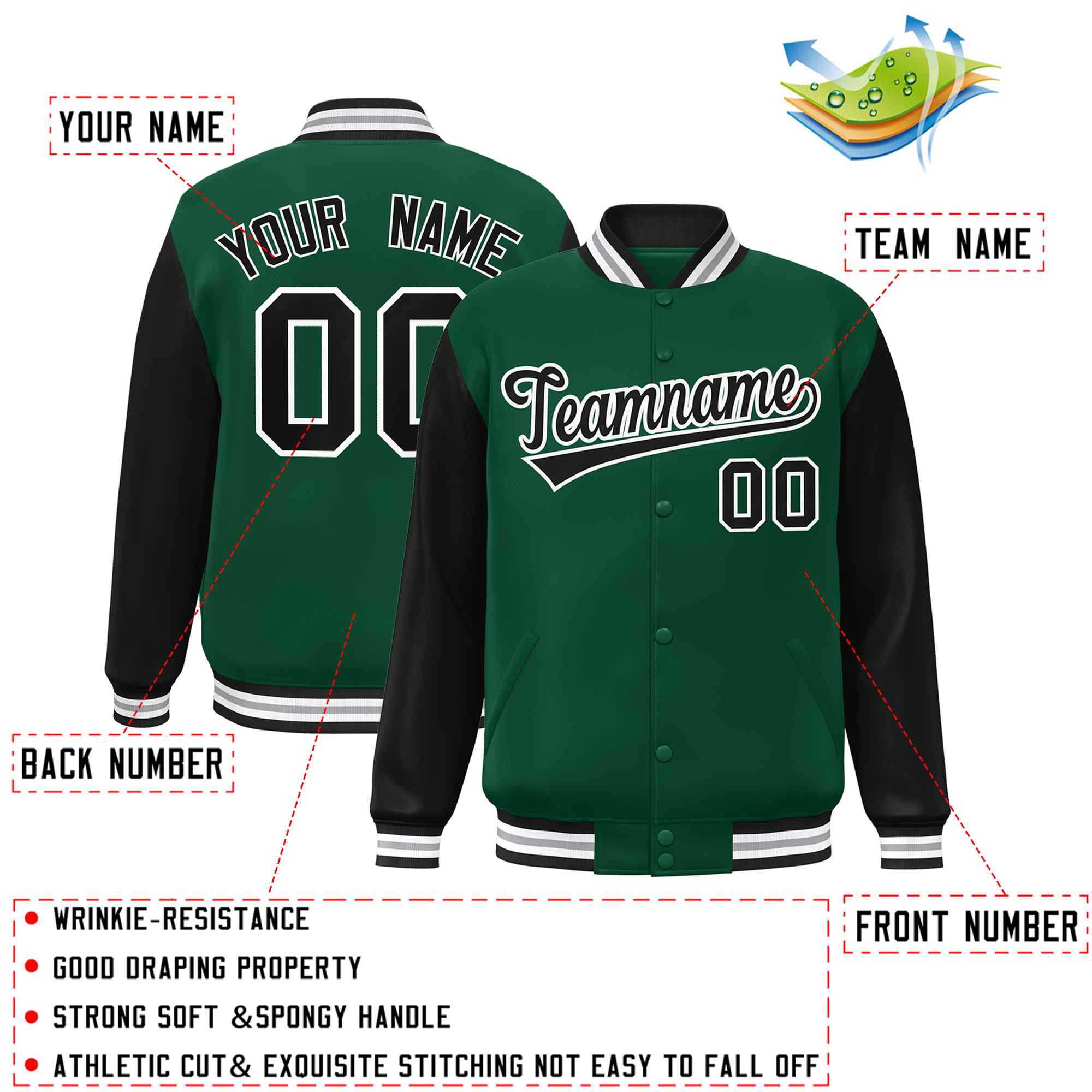 Custom Green Black-White Raglan Sleeves Varsity Full-Snap Letterman Jacket