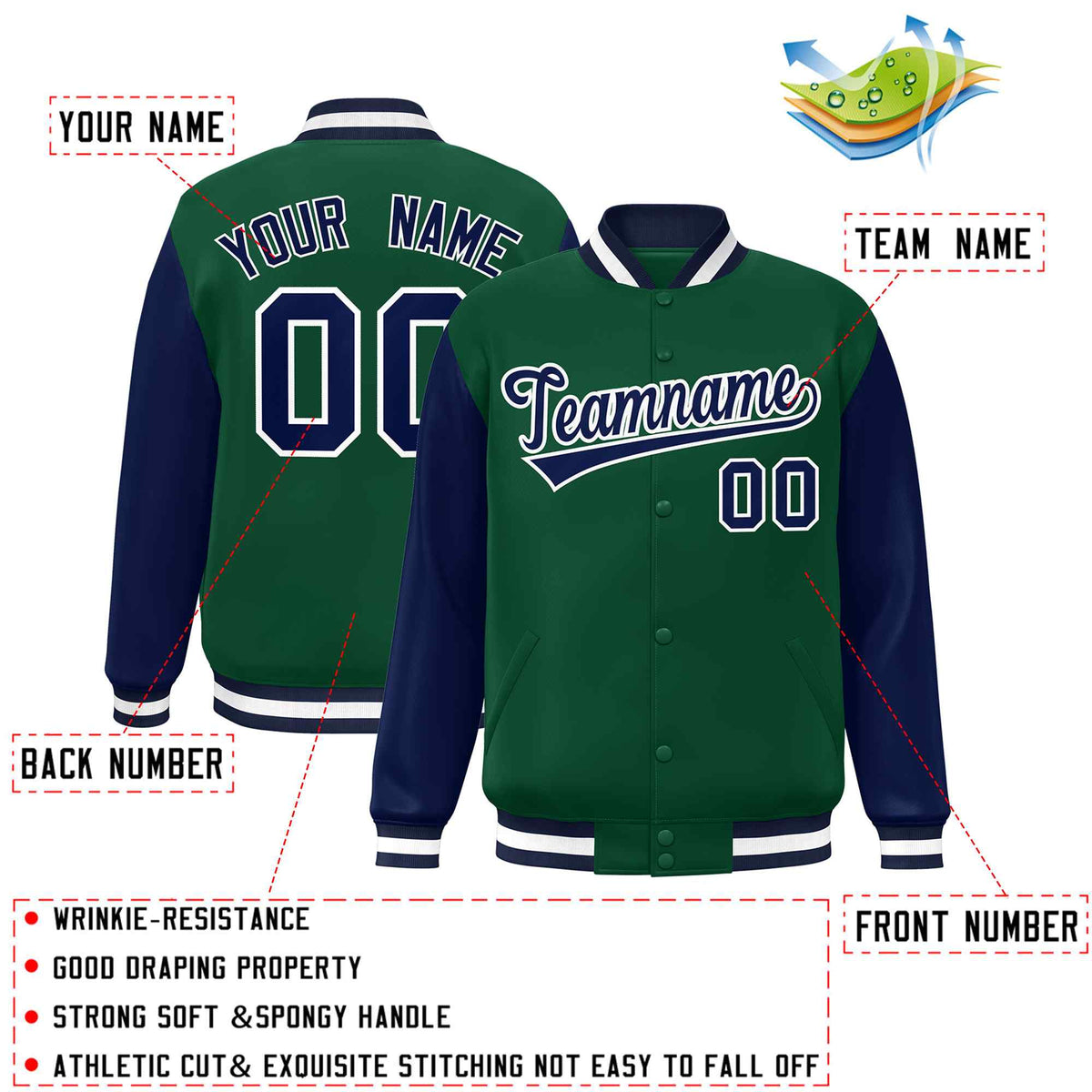 Custom Green Navy-White Raglan Sleeves Varsity Full-Snap Letterman Jacket