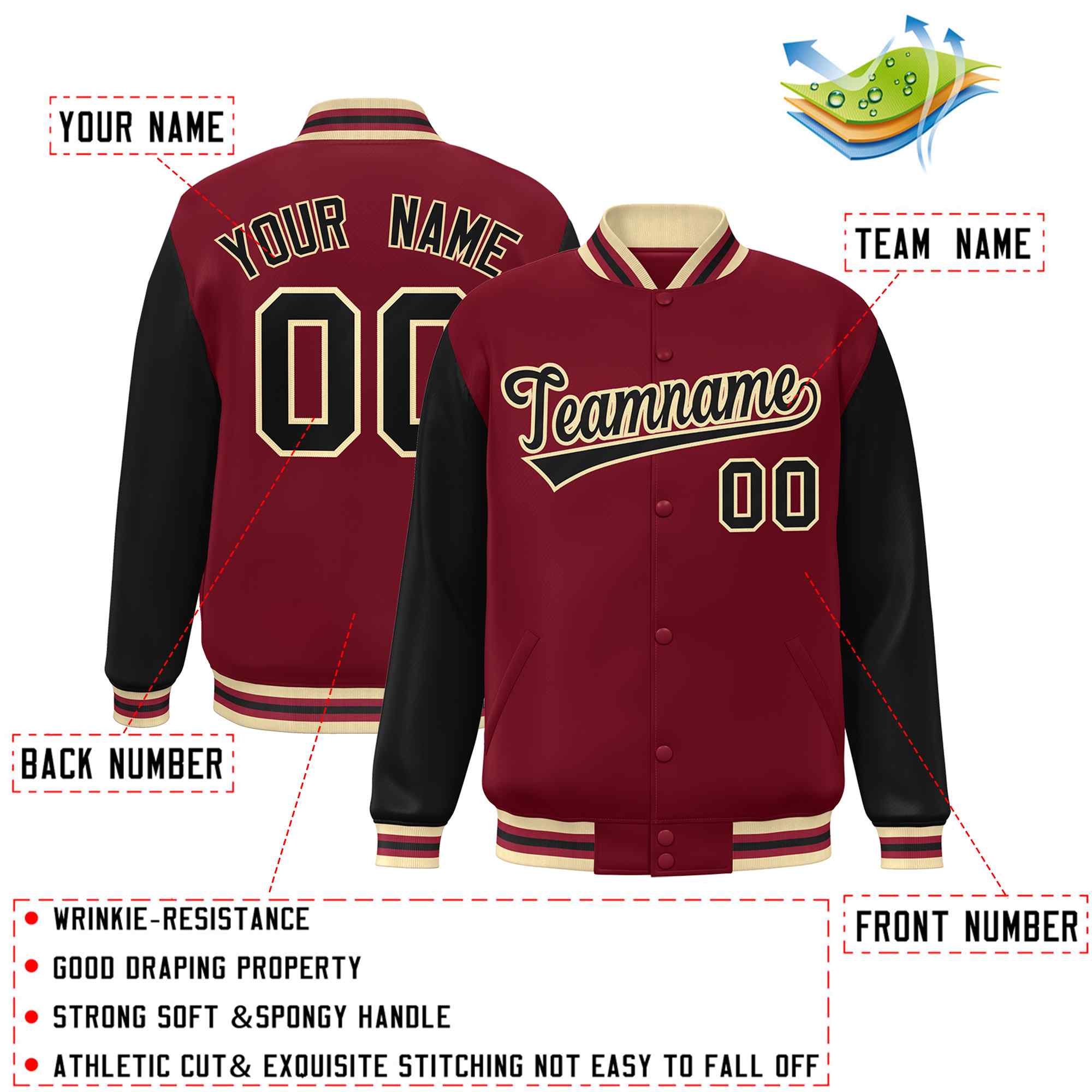 Custom Crimson Black-Khaki Raglan Sleeves Varsity Full-Snap Letterman Jacket