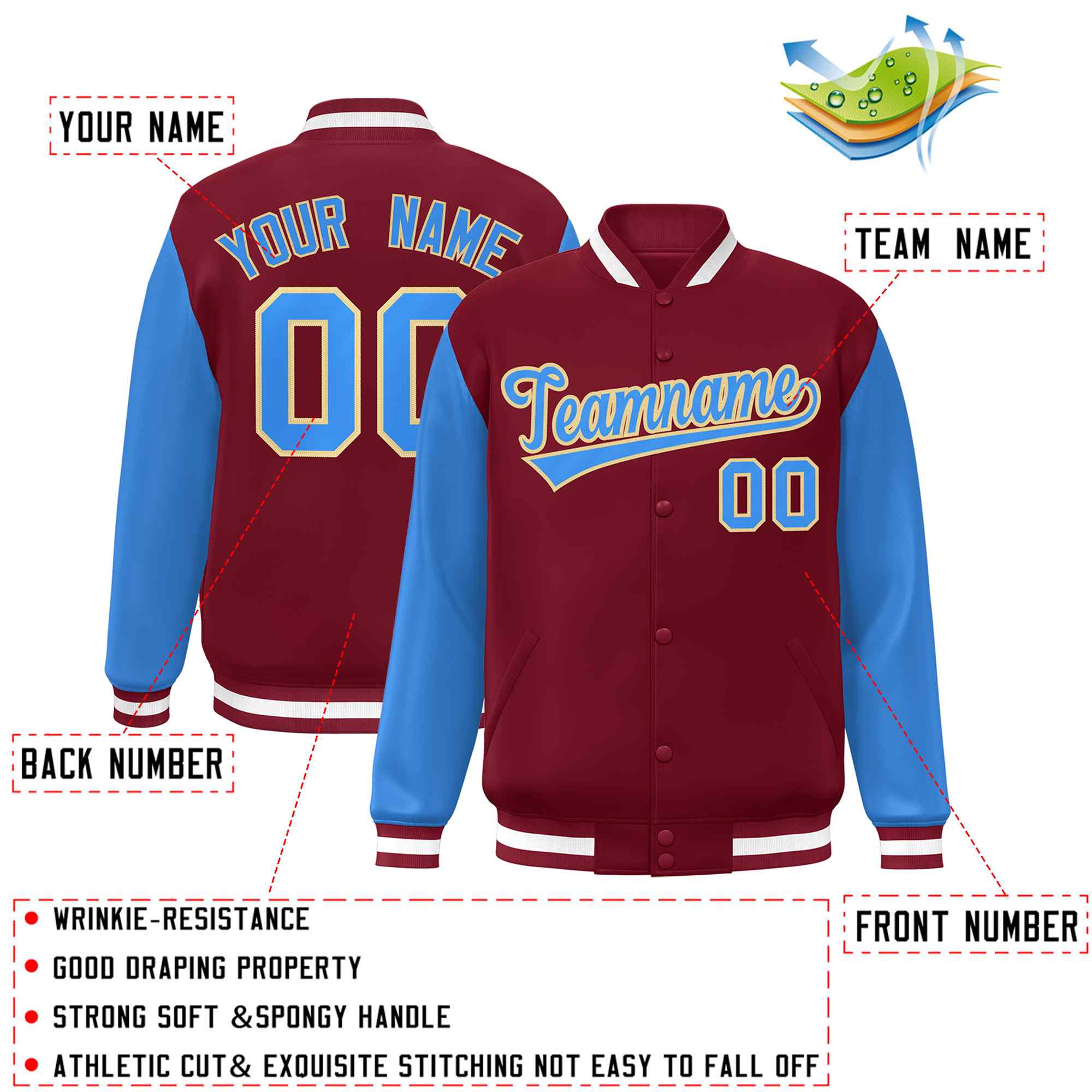 Custom Crimson Powder Blue-Khaki Raglan Sleeves Varsity Full-Snap Letterman Jacket