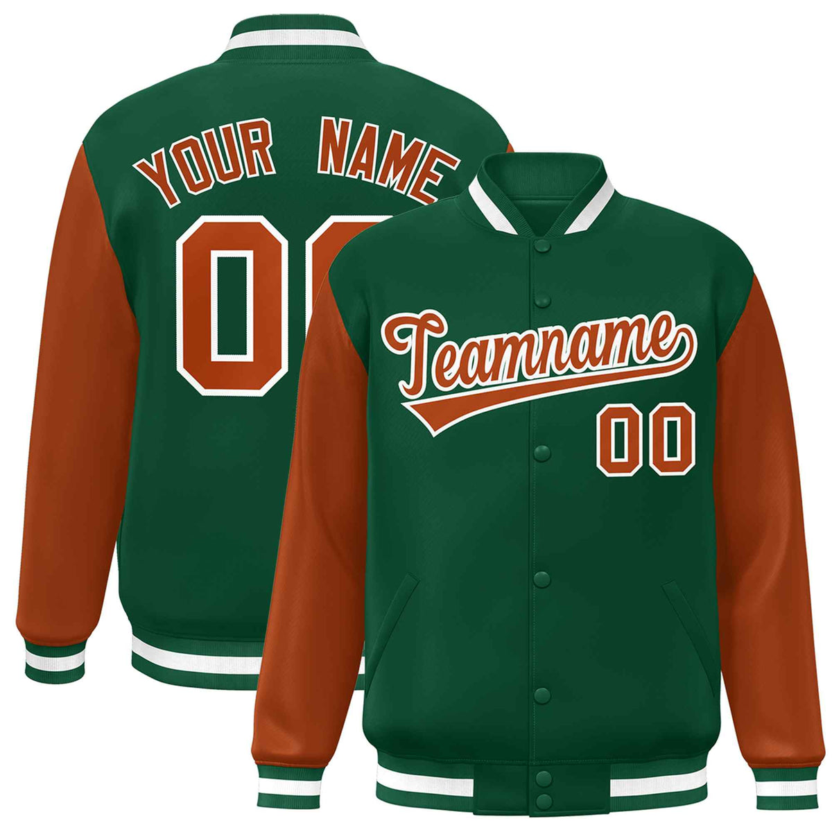 Custom Green Texas Orange-White Raglan Sleeves Varsity Full-Snap Letterman Jacket