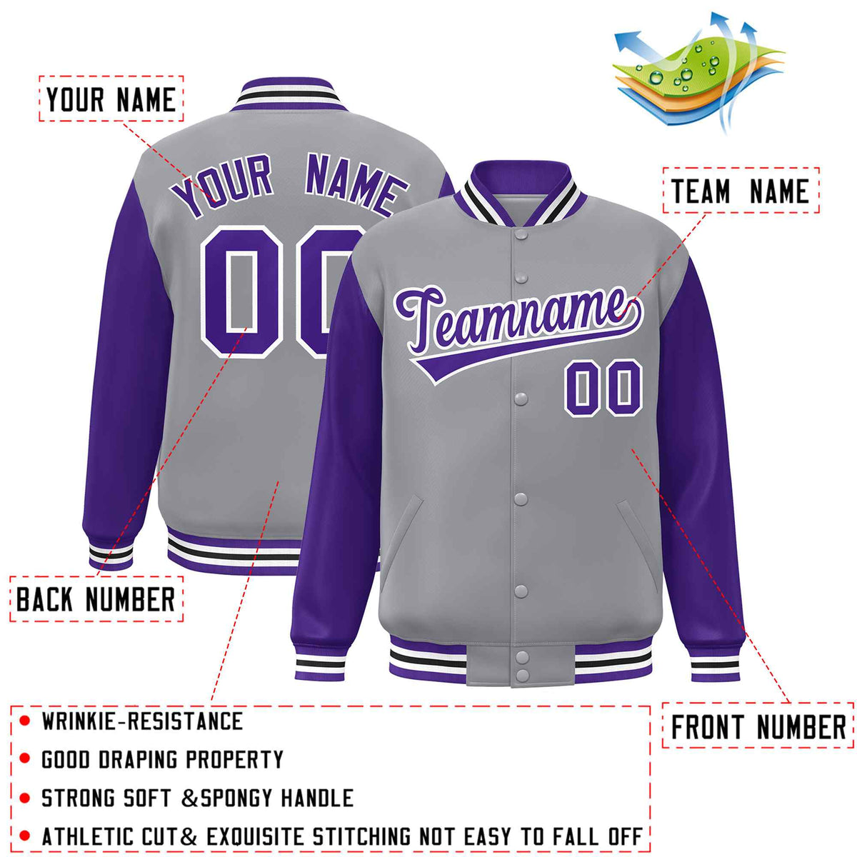 Custom Gray Purple-White Raglan Sleeves Varsity Full-Snap Letterman Jacket