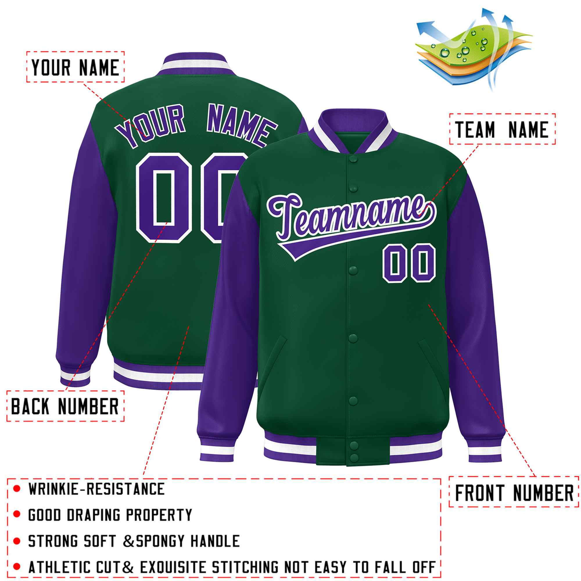 Custom Green Purple-White Raglan Sleeves Varsity Full-Snap Letterman Jacket
