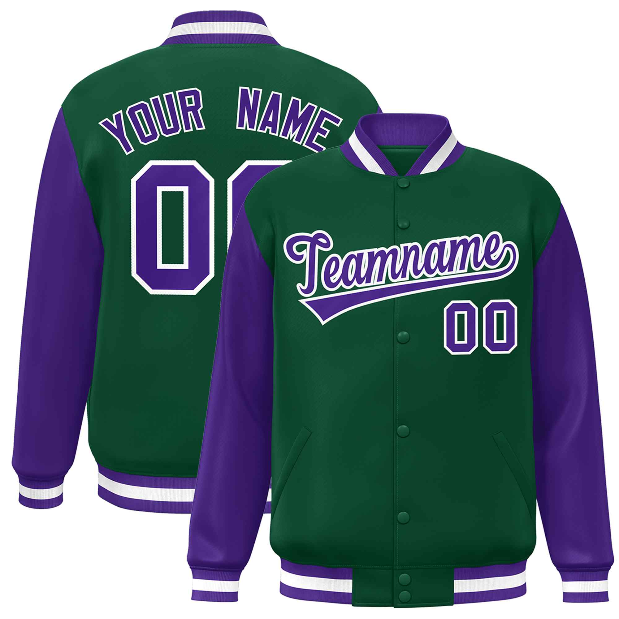 Custom Green Purple-White Raglan Sleeves Varsity Full-Snap Letterman Jacket
