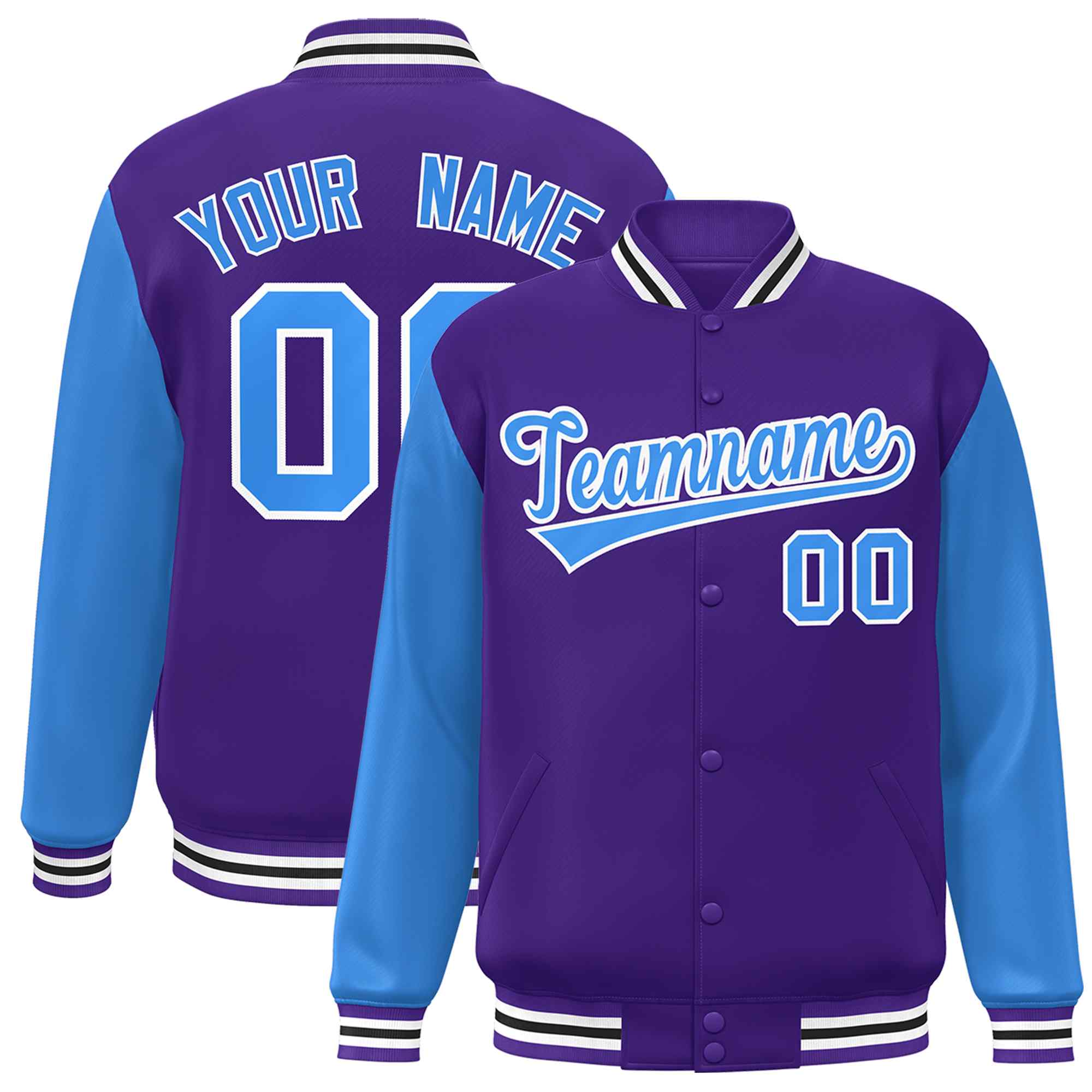 Custom Purple Powder Blue-White Raglan Sleeves Varsity Full-Snap Letterman Jacket