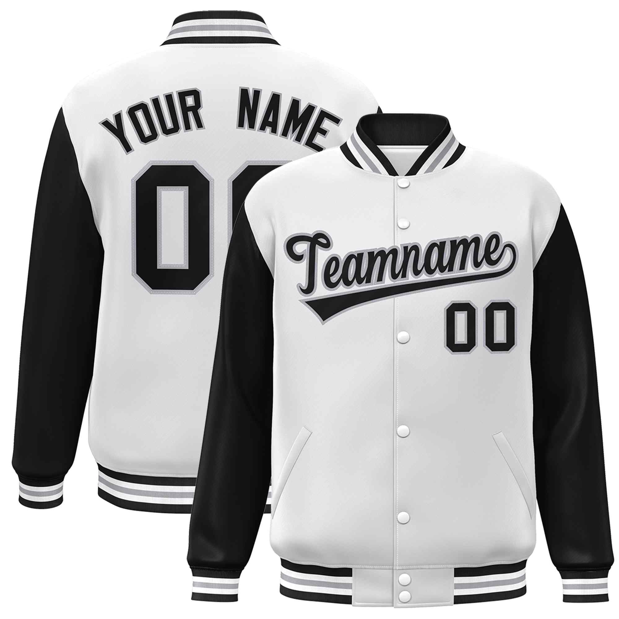 Custom White Black-Gray Raglan Sleeves Varsity Full-Snap Letterman Jacket