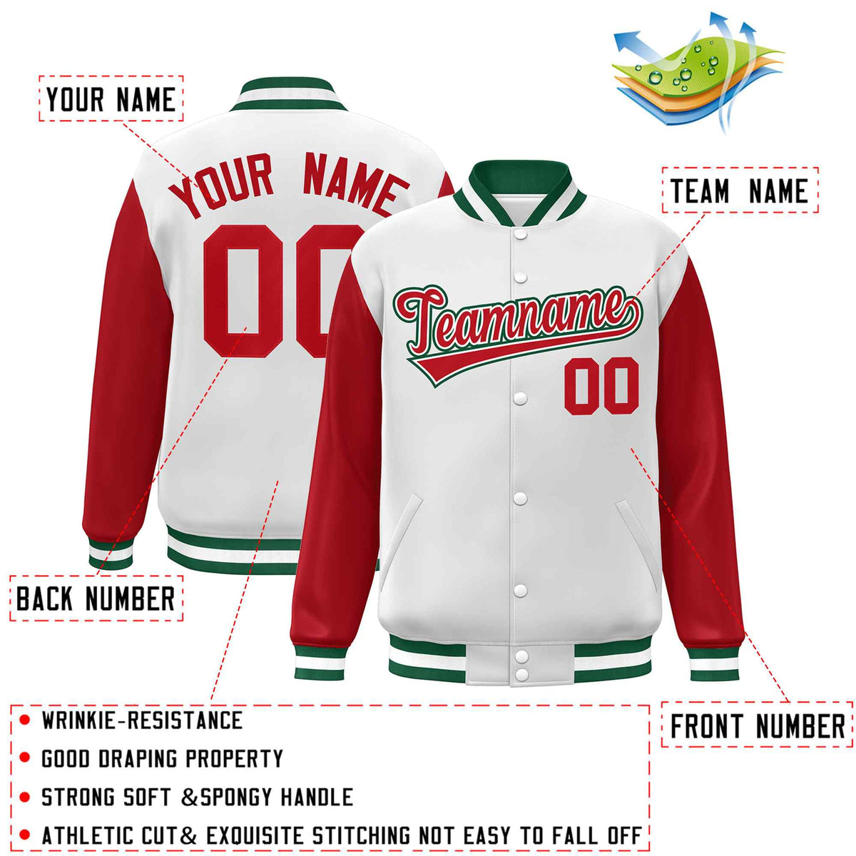 Custom White Red-White Raglan Sleeves Varsity Full-Snap Letterman Jacket