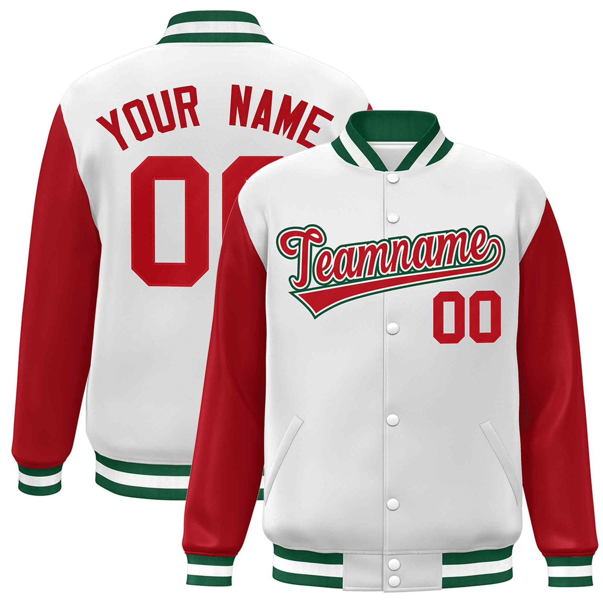 Custom White Red-White Raglan Sleeves Varsity Full-Snap Letterman Jacket