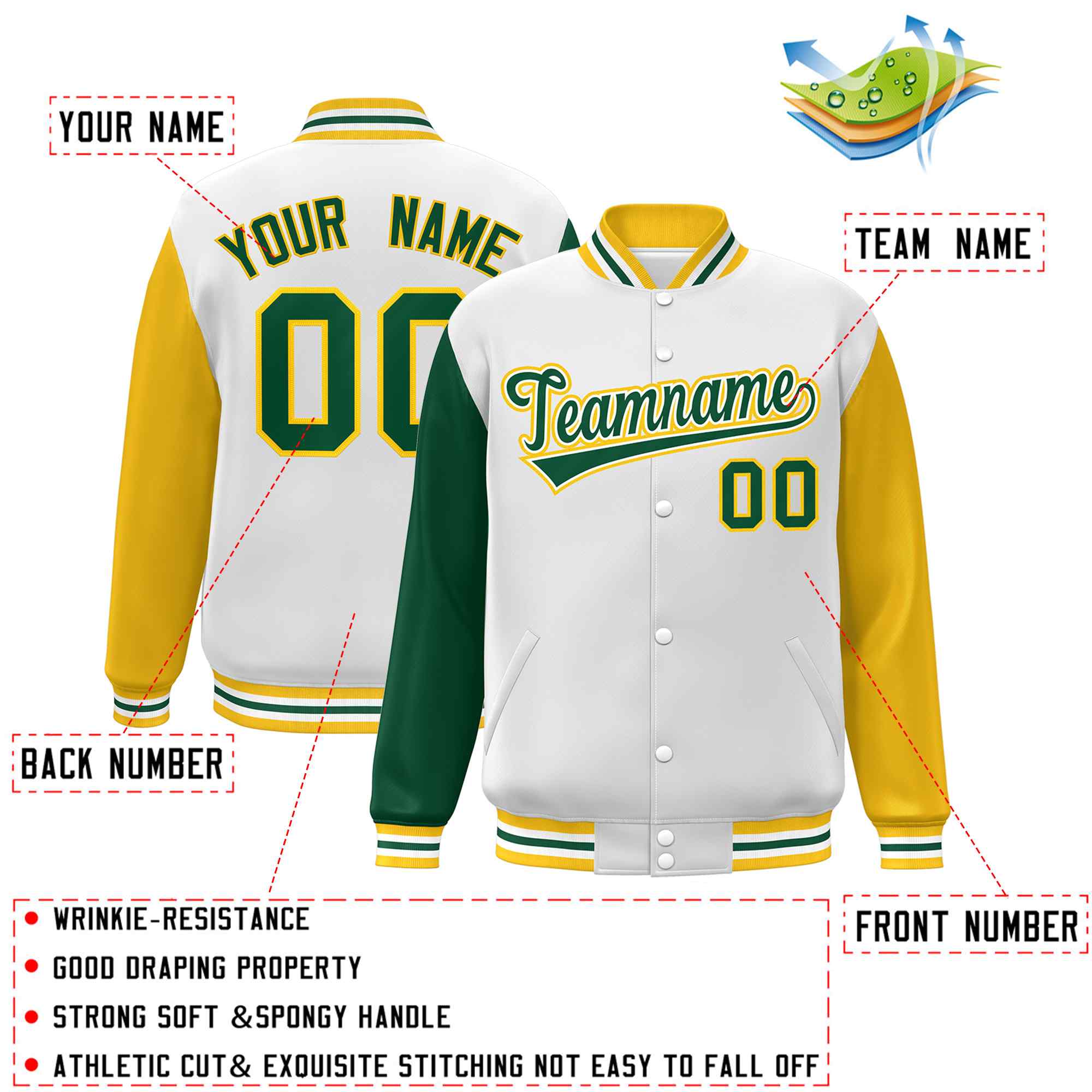 Custom White Green-White Raglan Sleeves Varsity Full-Snap Letterman Jacket
