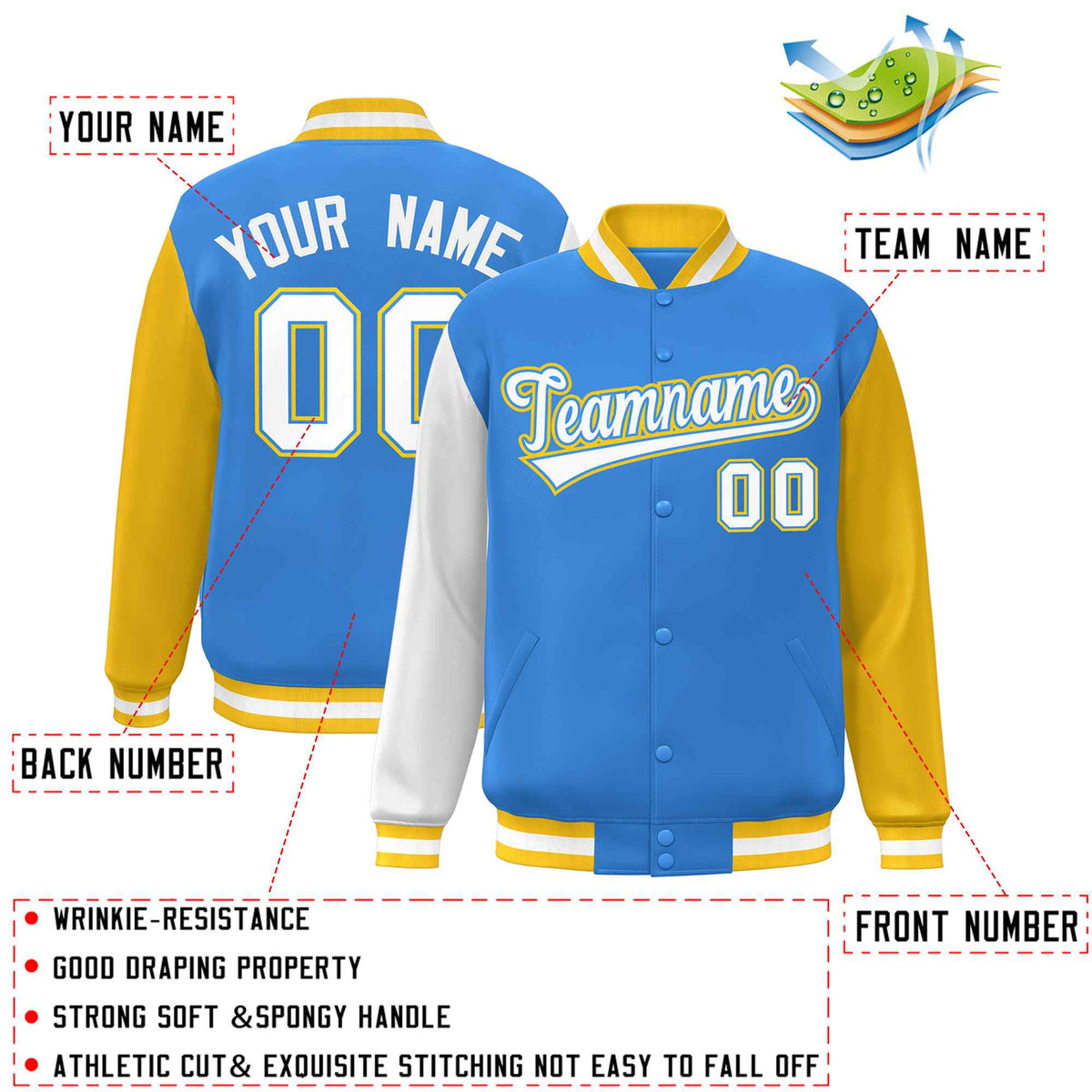 Custom Powder Blue White-Powder Blue Raglan Sleeves Varsity Full-Snap Letterman Jacket