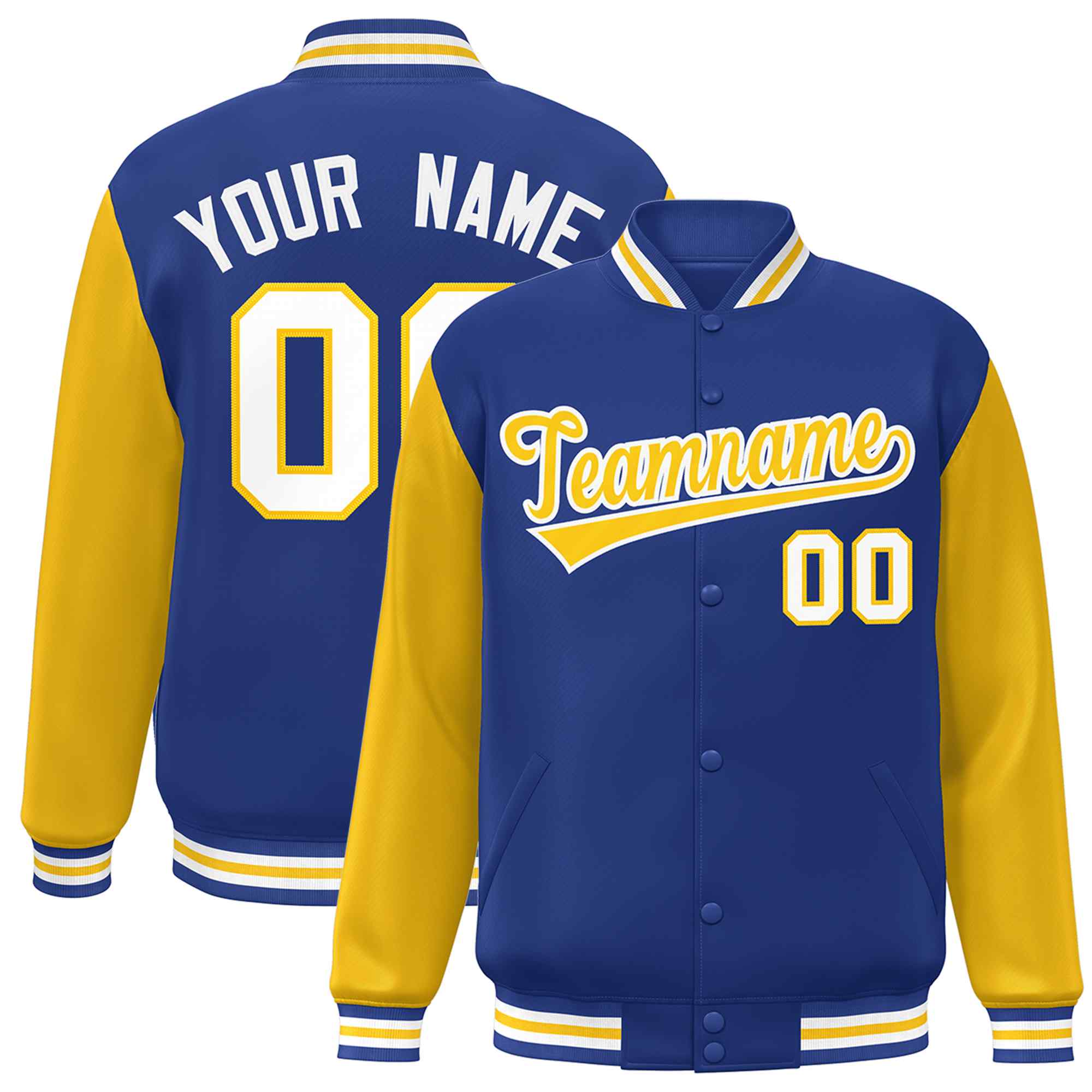 Custom Royal Gold-White Raglan Sleeves Varsity Full-Snap Letterman Jacket
