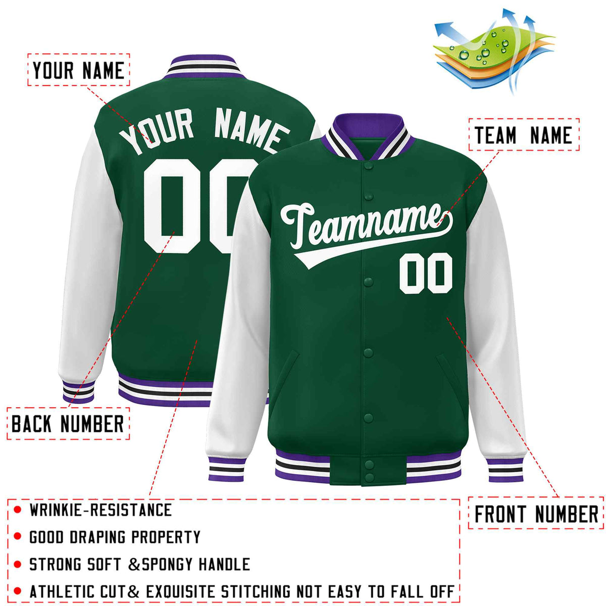 Custom Green White Raglan Sleeves Varsity Full-Snap Letterman Jacket | KXKSHOP