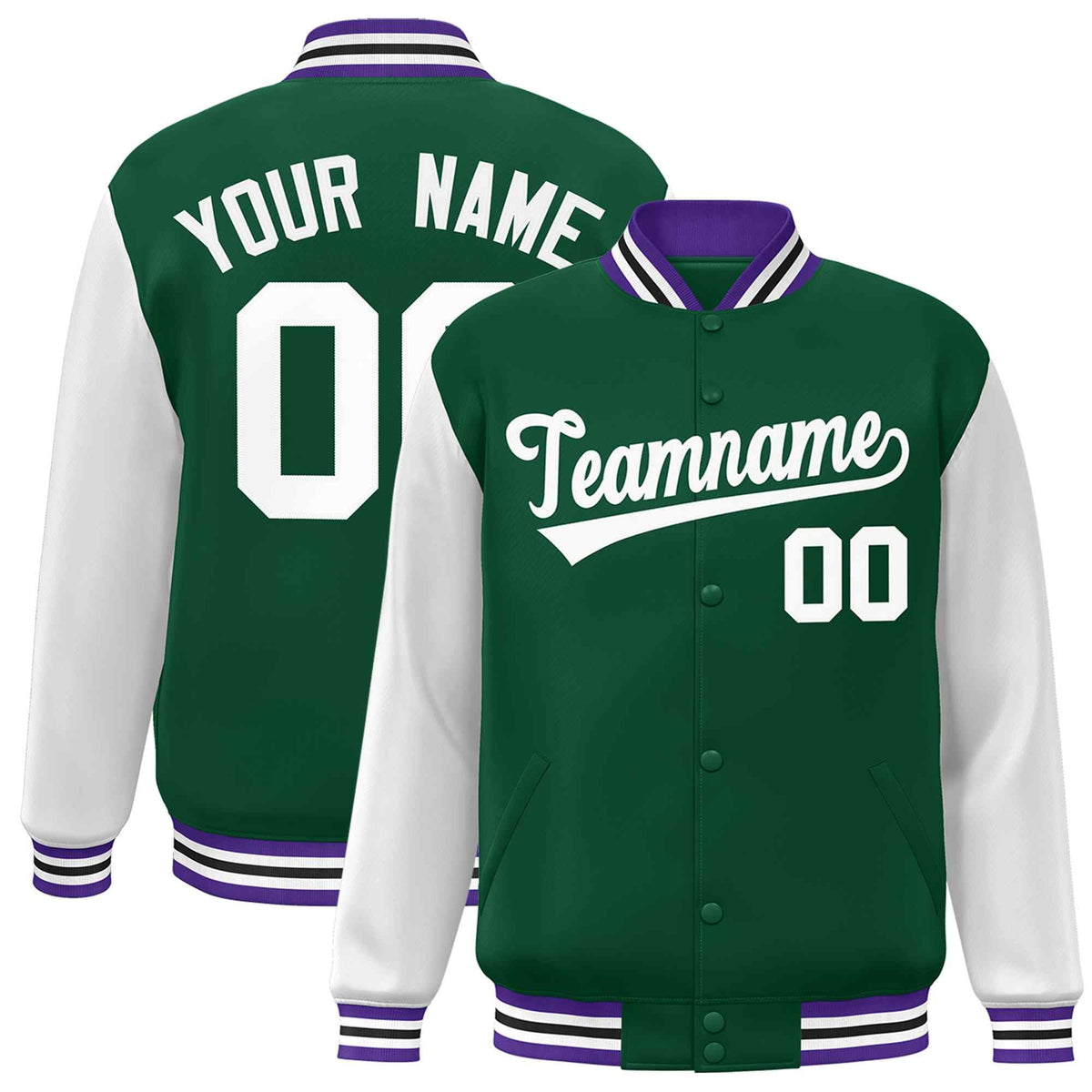 Custom Green White Raglan Sleeves Varsity Full-Snap Letterman Jacket | KXKSHOP