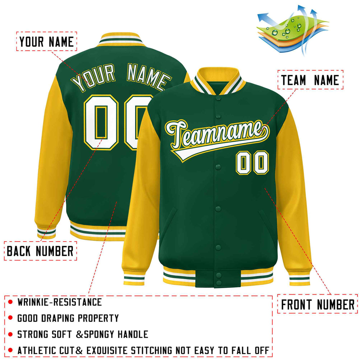Custom Green White Raglan Sleeves Varsity Full-Snap Letterman Jacket | KXKSHOP