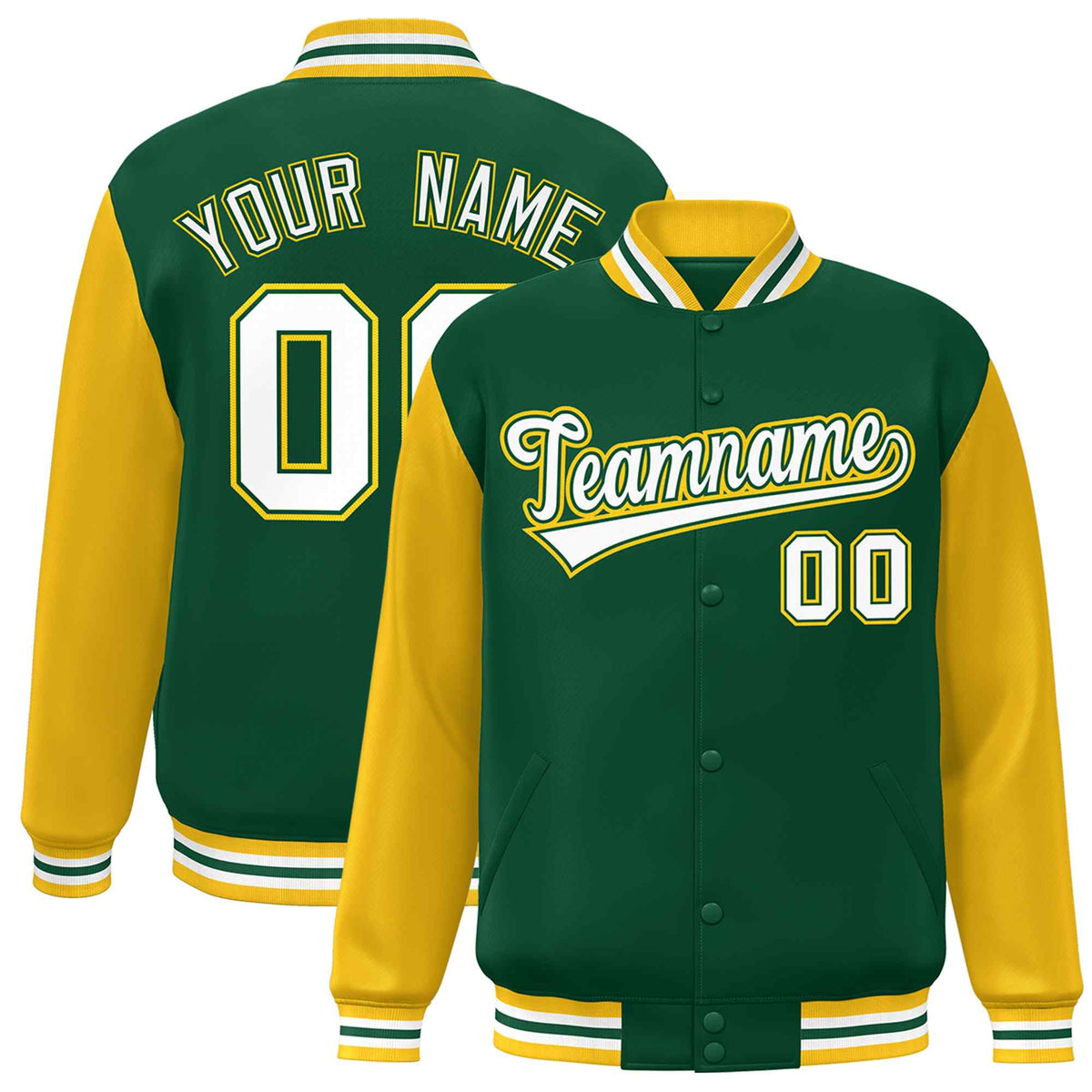 Custom Green White Raglan Sleeves Varsity Full-Snap Letterman Jacket | KXKSHOP