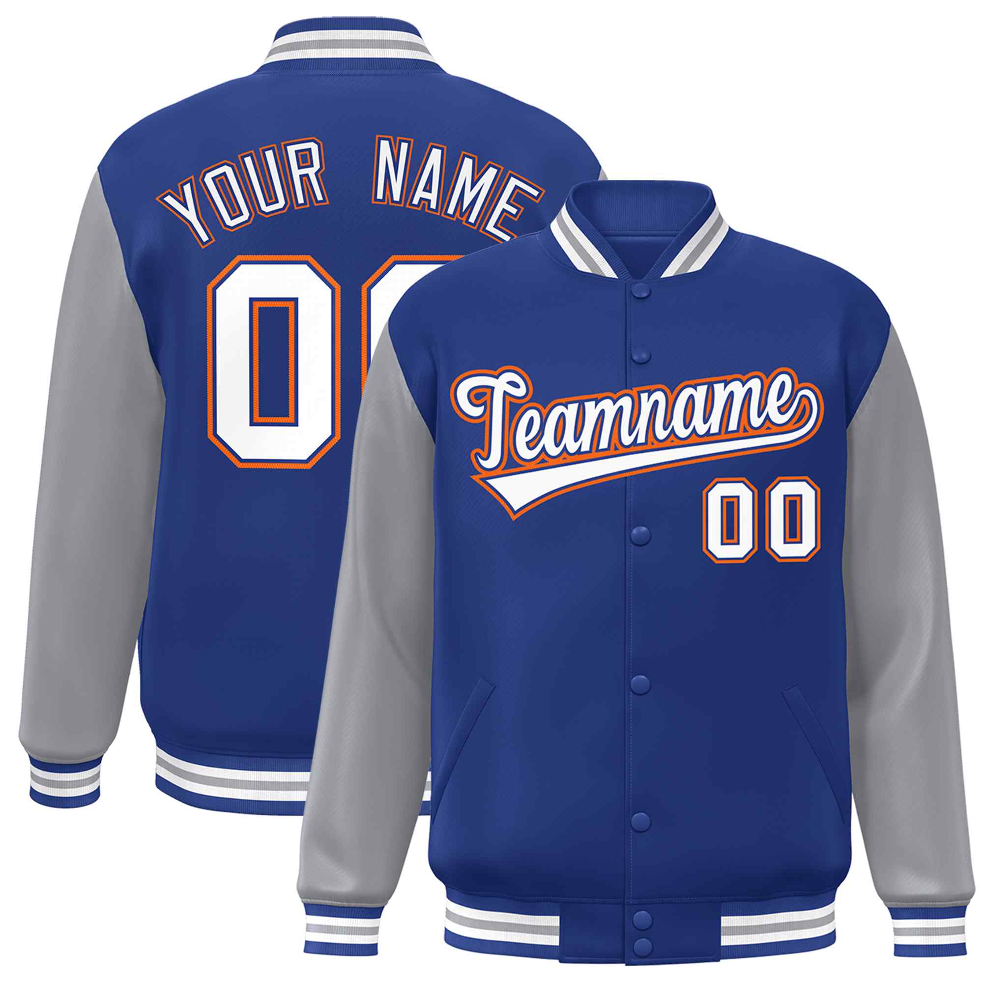 Custom Royal White-Royal Raglan Sleeves Varsity Full-Snap Letterman Jacket