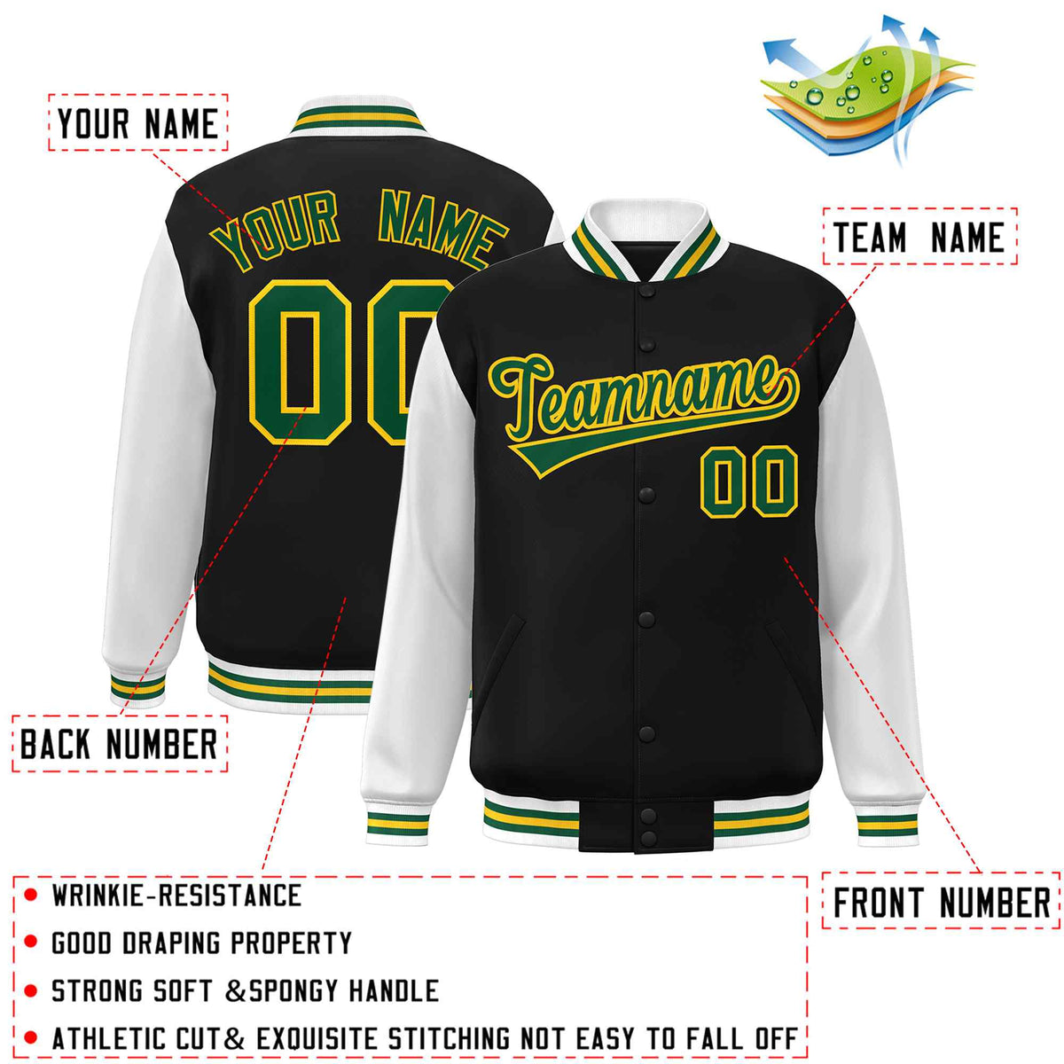 Custom Green White Raglan Sleeves Varsity Full-Snap Letterman Jacket | KXKSHOP