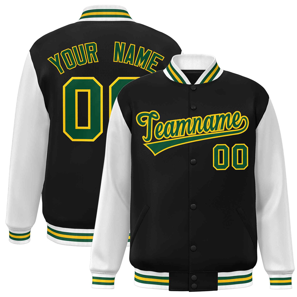 Custom Green White Raglan Sleeves Varsity Full-Snap Letterman Jacket | KXKSHOP