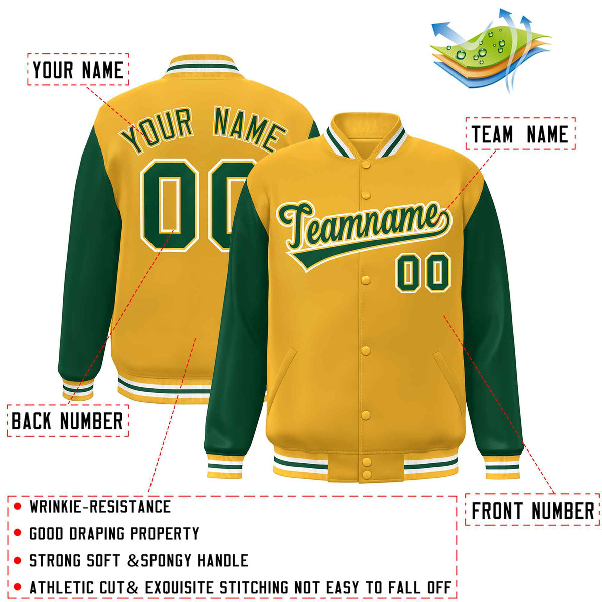 Custom Green White Raglan Sleeves Varsity Full-Snap Letterman Jacket | KXKSHOP