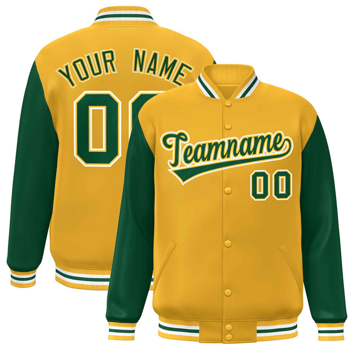Custom Green White Raglan Sleeves Varsity Full-Snap Letterman Jacket | KXKSHOP