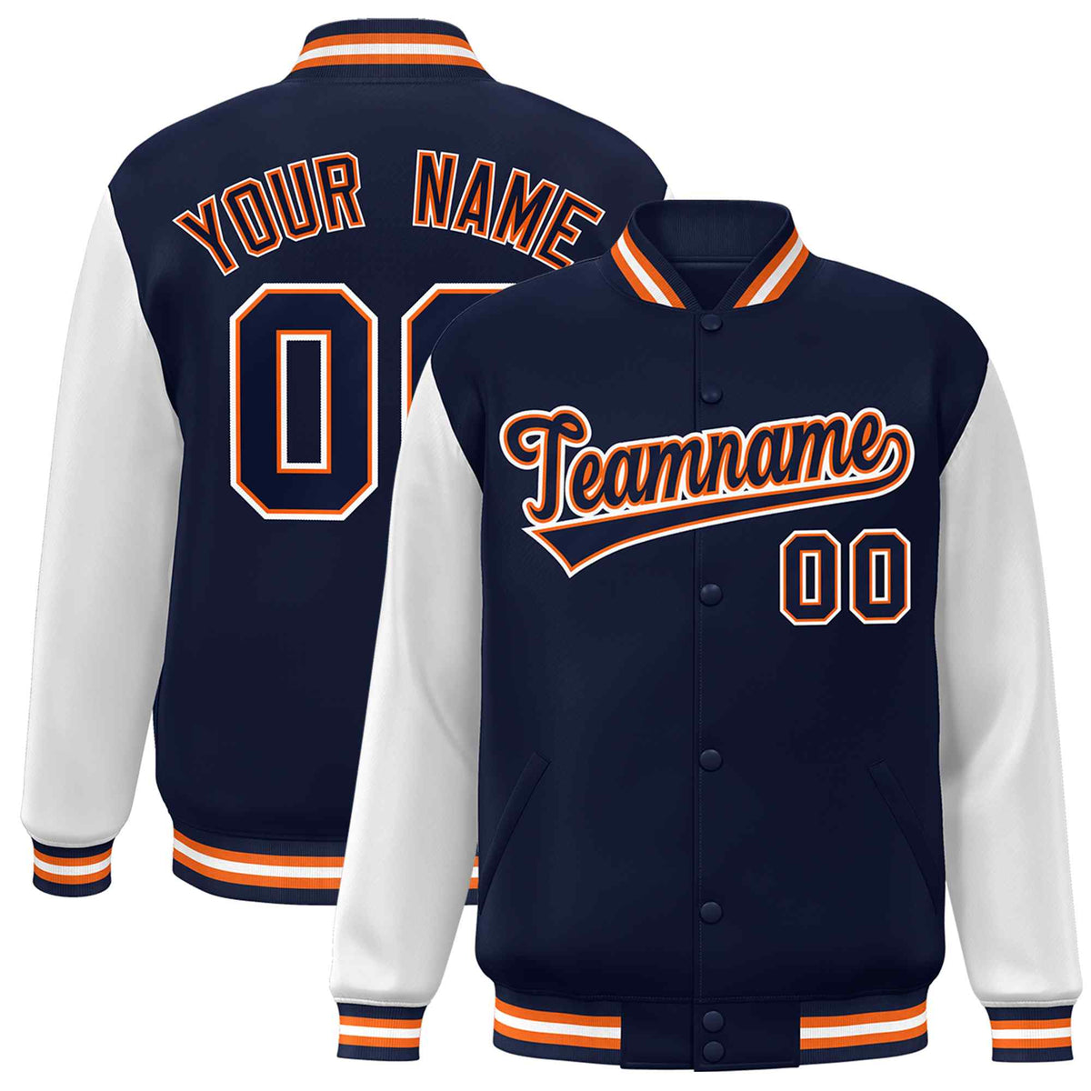 Custom Navy Navy-Orange Raglan Sleeves Varsity Full-Snap Letterman Jacket