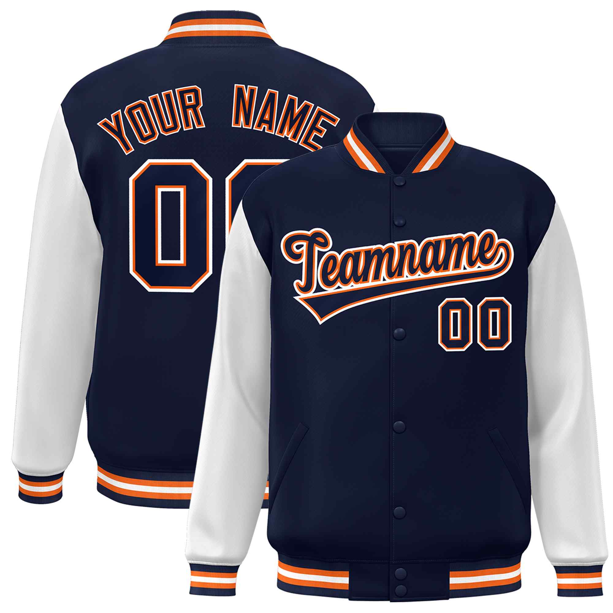 Custom Navy Navy-Orange Raglan Sleeves Varsity Full-Snap Letterman Jacket