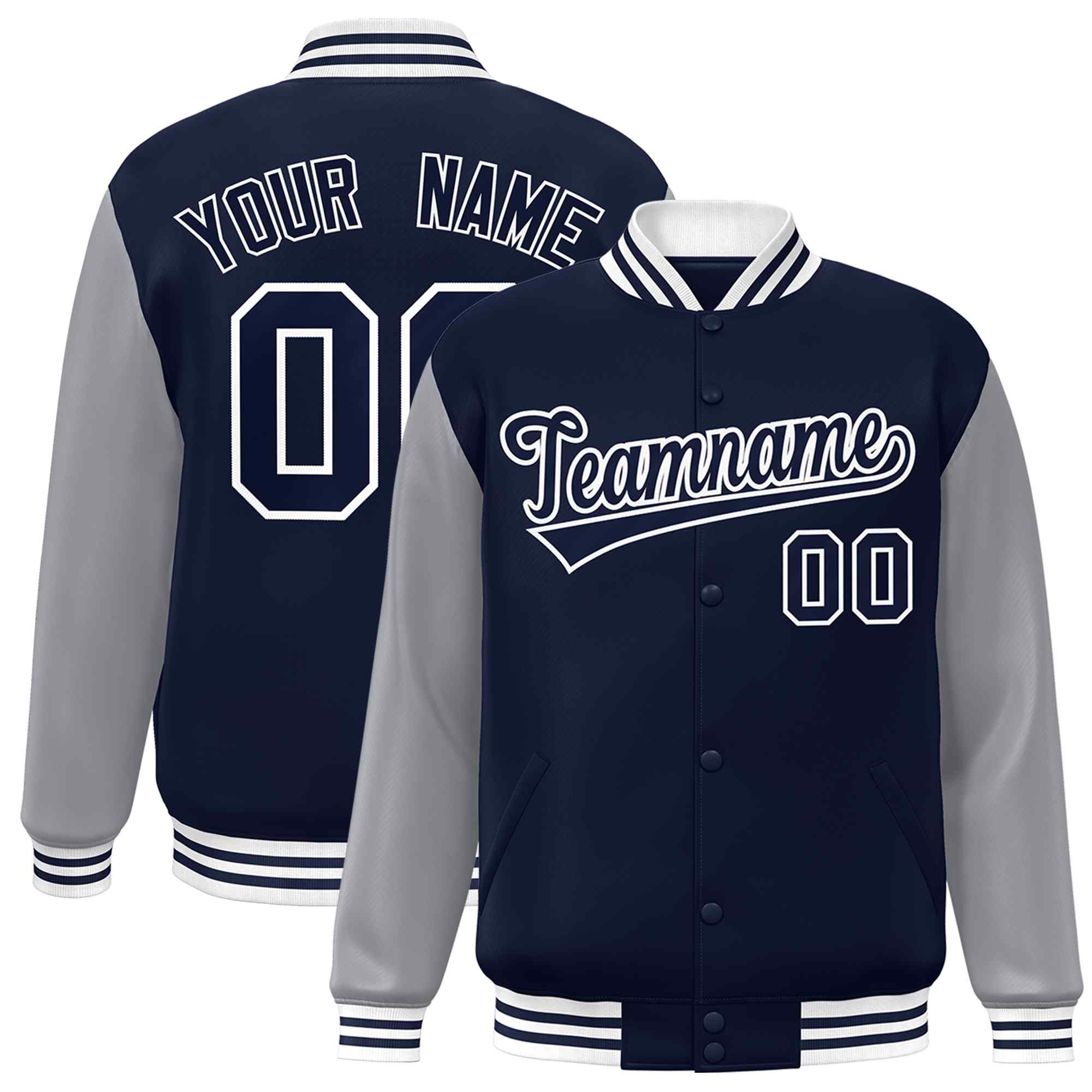 Custom Navy Navy-White Raglan Sleeves Varsity Full-Snap Letterman Jacket