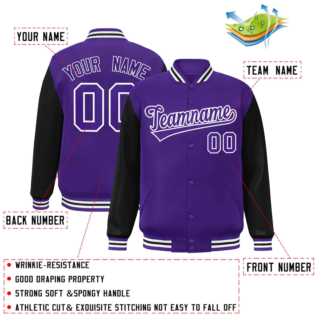 Custom Purple Purple-White Raglan Sleeves Varsity Full-Snap Letterman Jacket