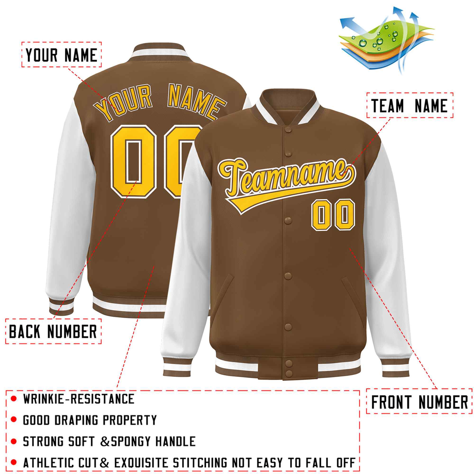 Veste universitaire personnalisée marron clair, or et blanc, manches raglan, bouton-pression intégral, style universitaire