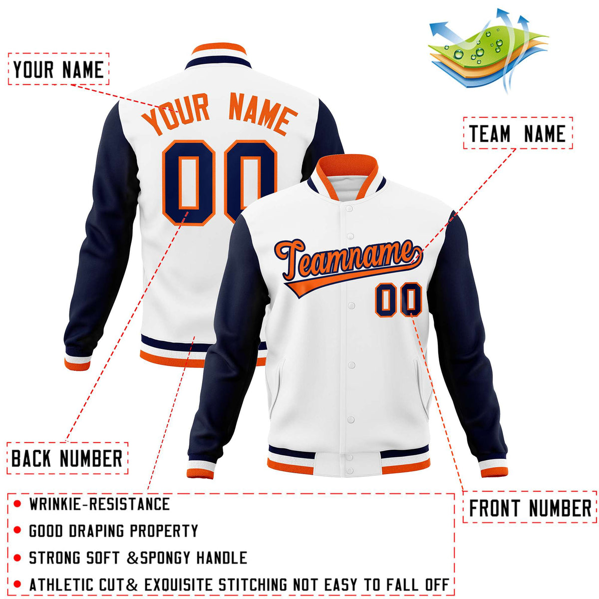 Custom White Orange-Navy Varsity Full-Snap Raglan Sleeves Letterman Baseball Jacket