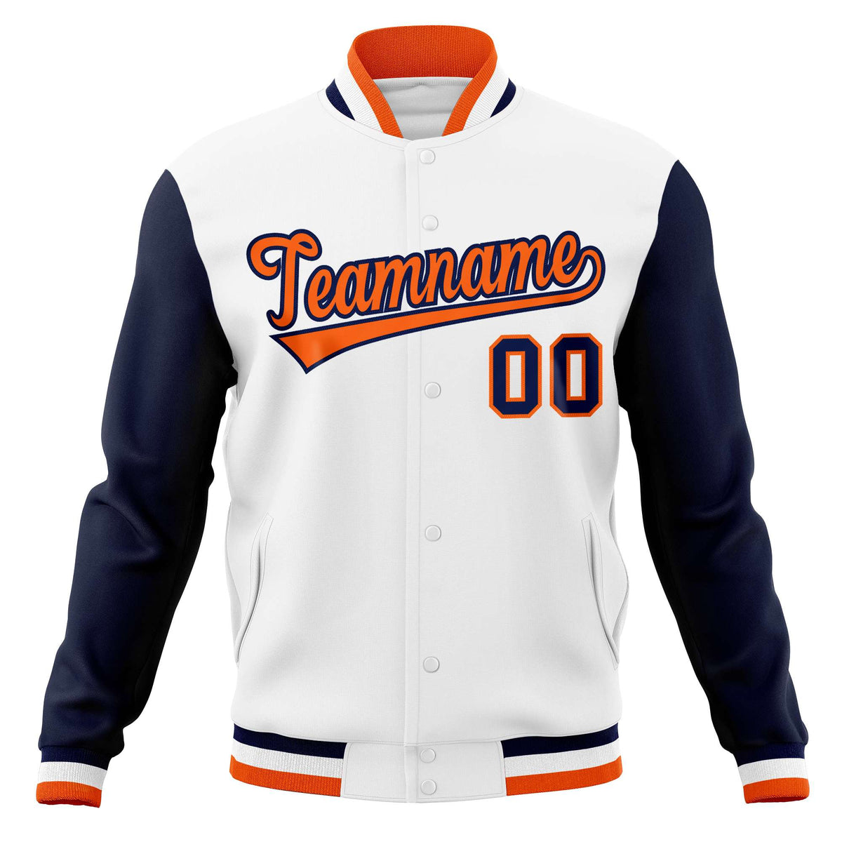 Custom White Orange-Navy Varsity Full-Snap Raglan Sleeves Letterman Baseball Jacket
