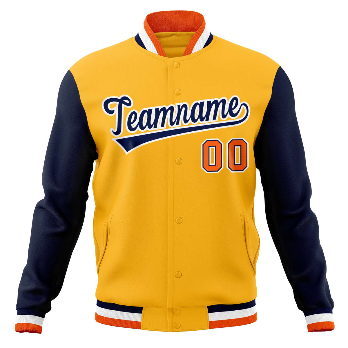 Custom Yellow Navy-White Varsity Full-Snap Raglan Sleeves Letterman Baseball Jacket