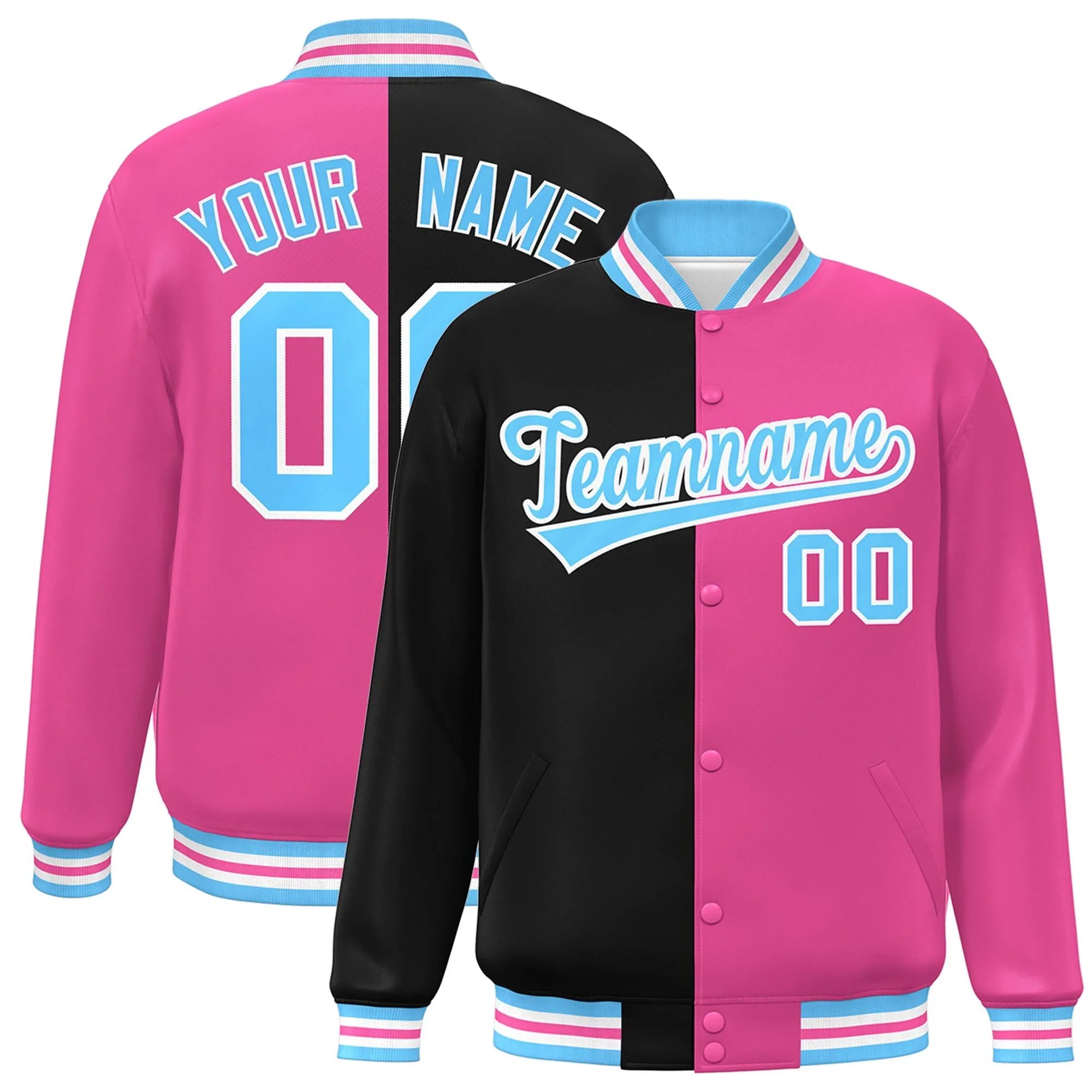 Custom Pink Black-Powder Blue Letterman Two Tone Split Fashion Varsity Full-Snap Jacket